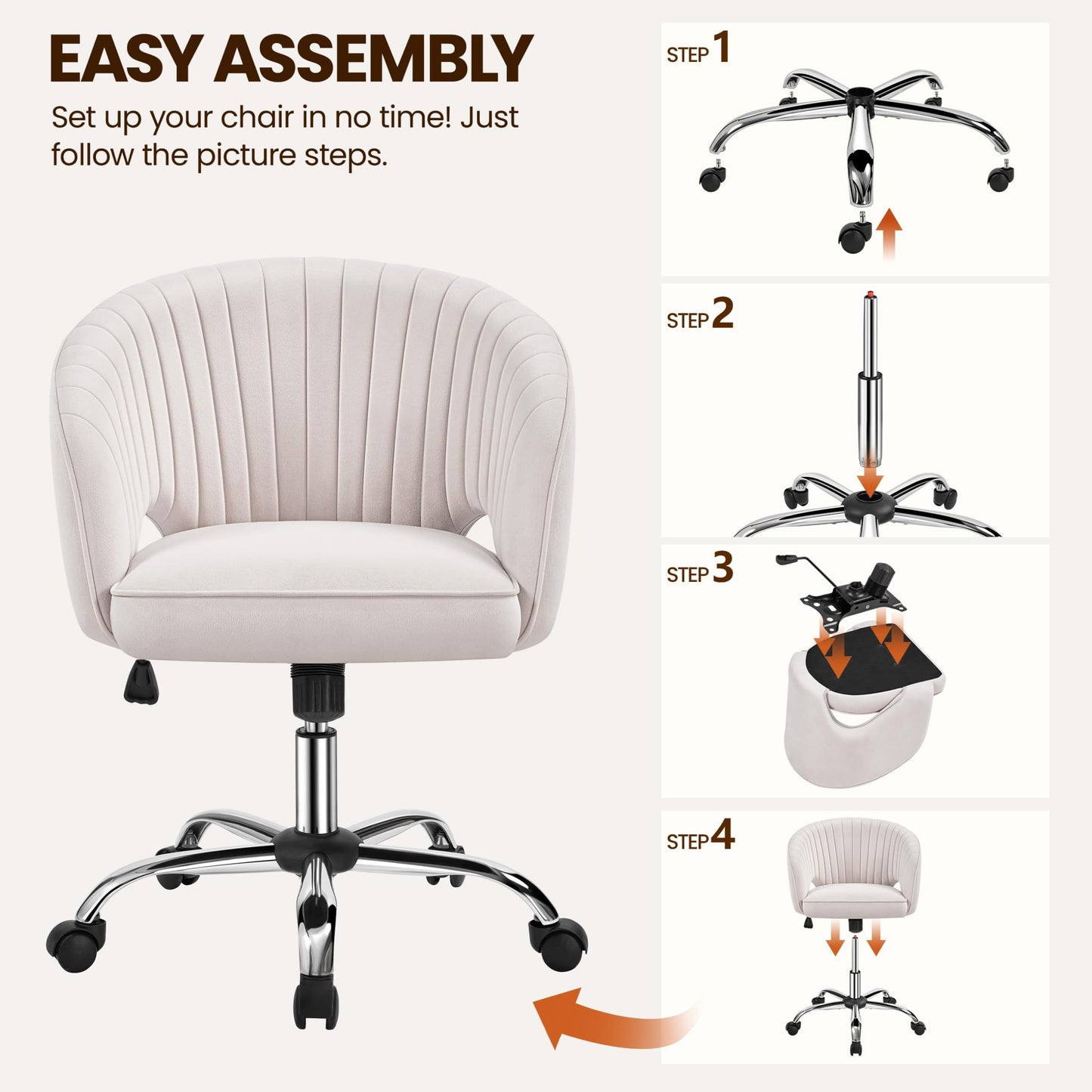 Yaheetech Cute Desk Chair Velvet Vanity Chair with Wheels Home Office Upholstered Modern Swivel Armchair with Tufted Barrel Back for Study, Vanity, Bedroom Cream