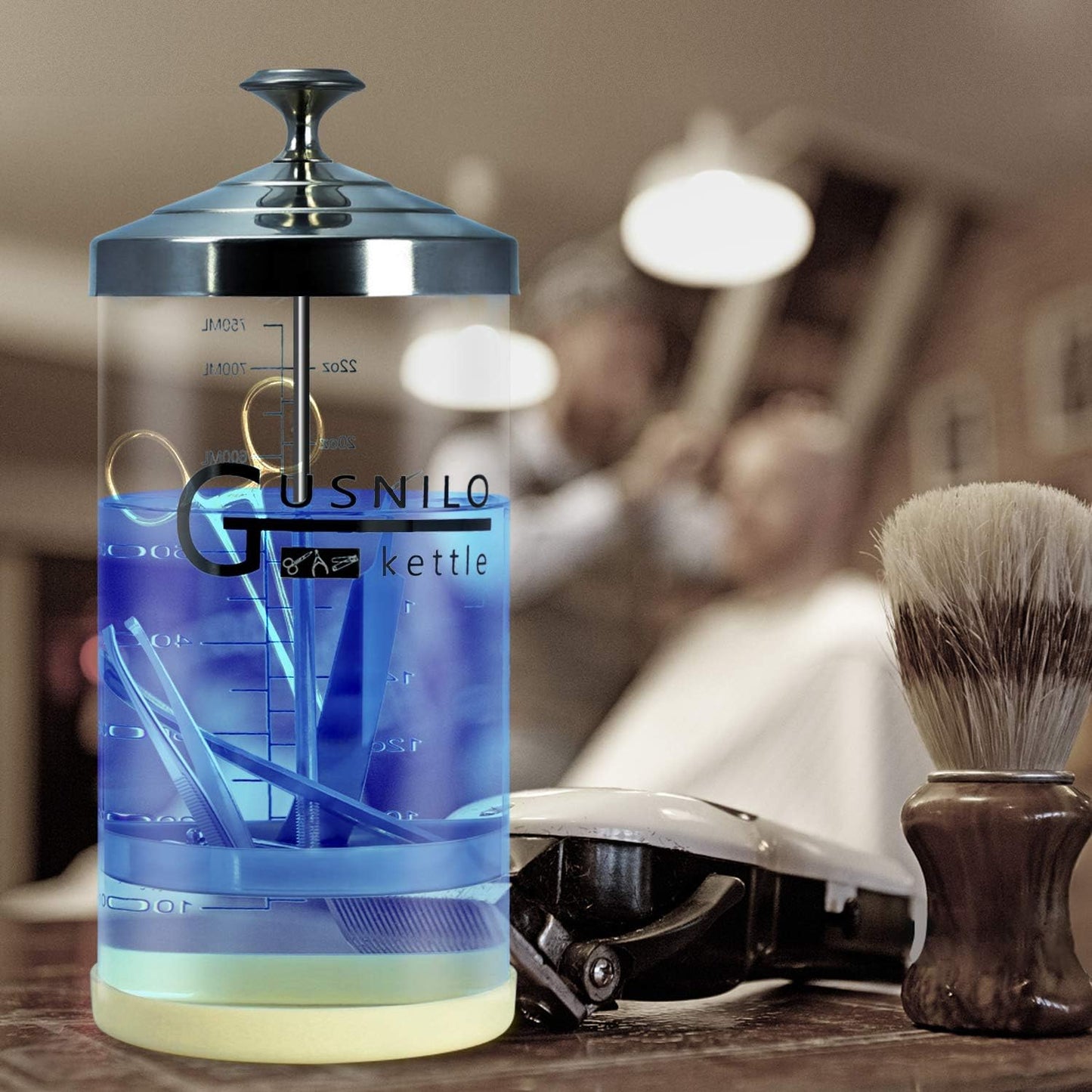 Gusnilo Barber Sanitizer Jar (30 Oz) with Stainless Steel Tray – Ideal for Spa, Salon & Nail Tools