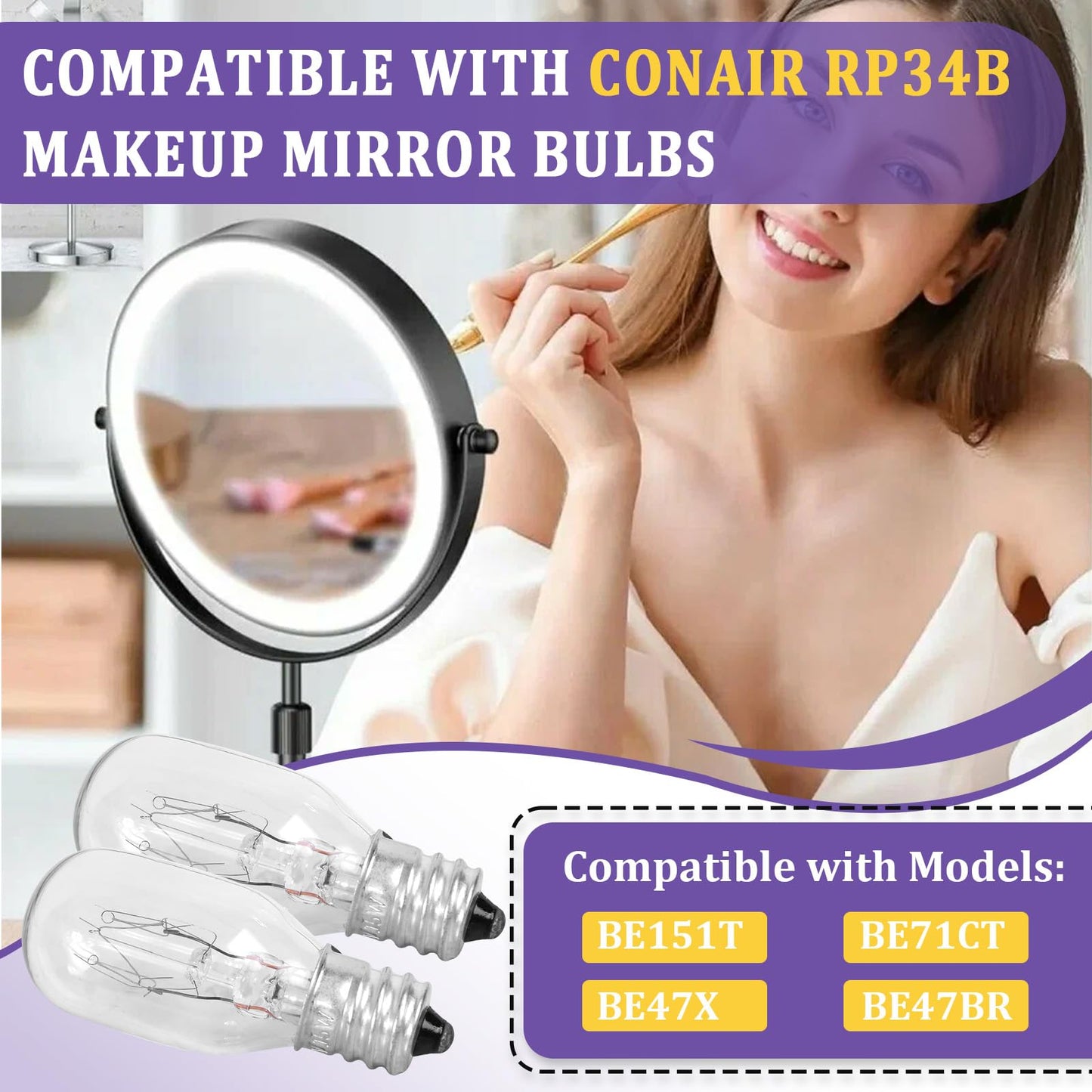 Kamrexi 6PCS 20W 120V Clear Incandescent Bulb Replacement Compatible with Conair RP34B Makeup Mirror Bulbs, 2700K White Light, E12 Candle Base