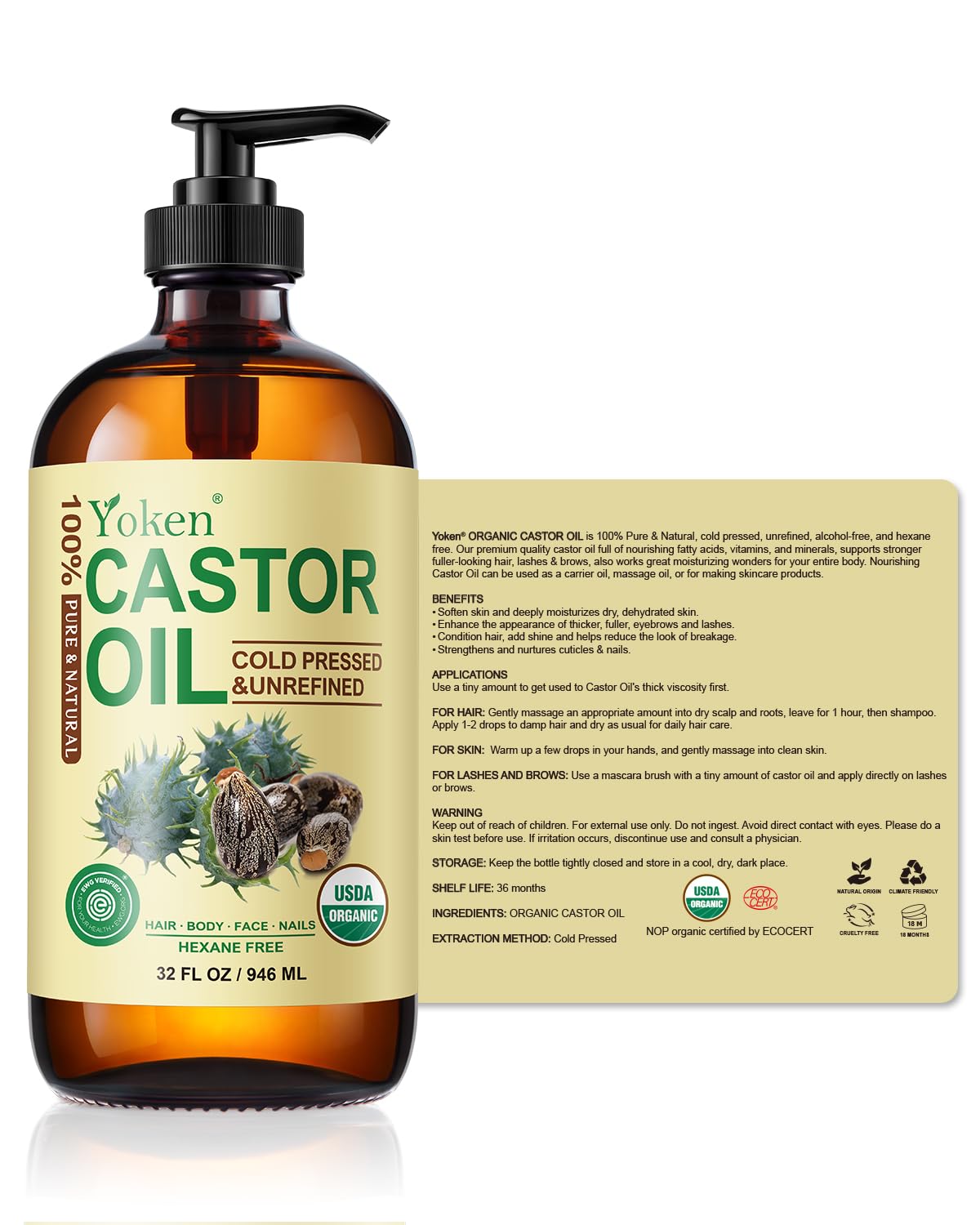 Yoken EWG Organic Castor Oil 32oz with Pump, Cold Pressed Hexane Free