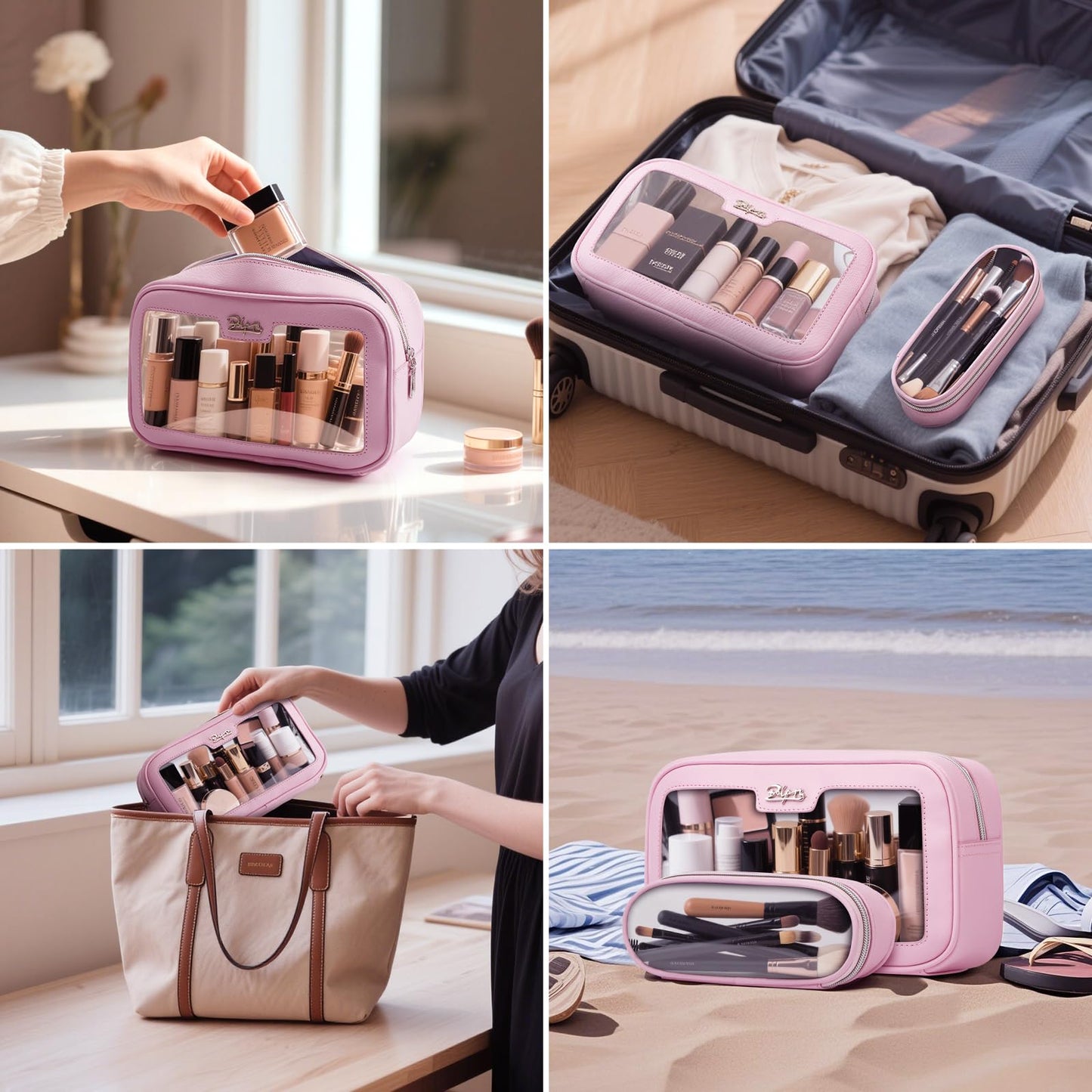 BOYATU Cute Travel Makeup Bag Set: Clear Cosmetic Bag Waterproof Toiletry Bags for Women - Large Skincare Pouch With Small Make up Brush Case for Girl (01-Pink)