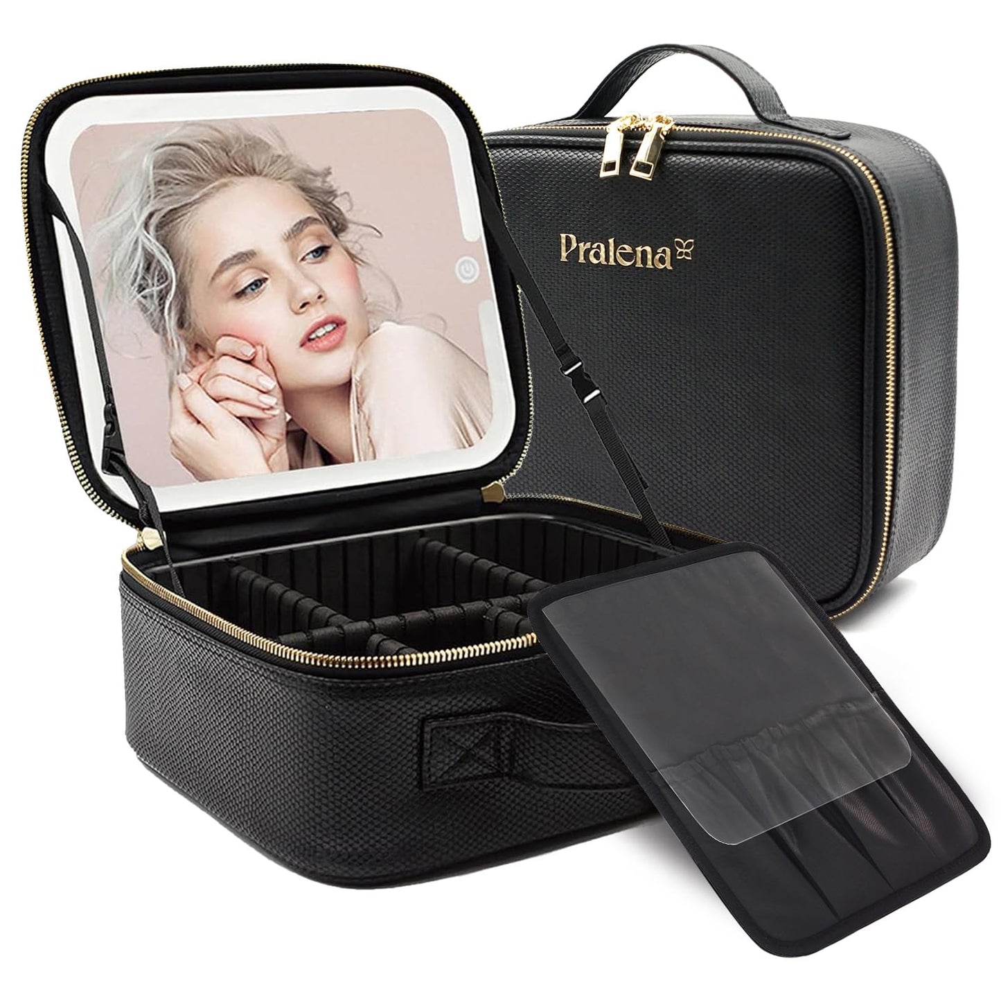 PRALENA Travel Makeup Bag with LED Mirror – 3 Brightness Modes, Portable Lighted Makeup Case with Adjustable Dividers, Cosmetic Organizer Gift for Women (Black)
