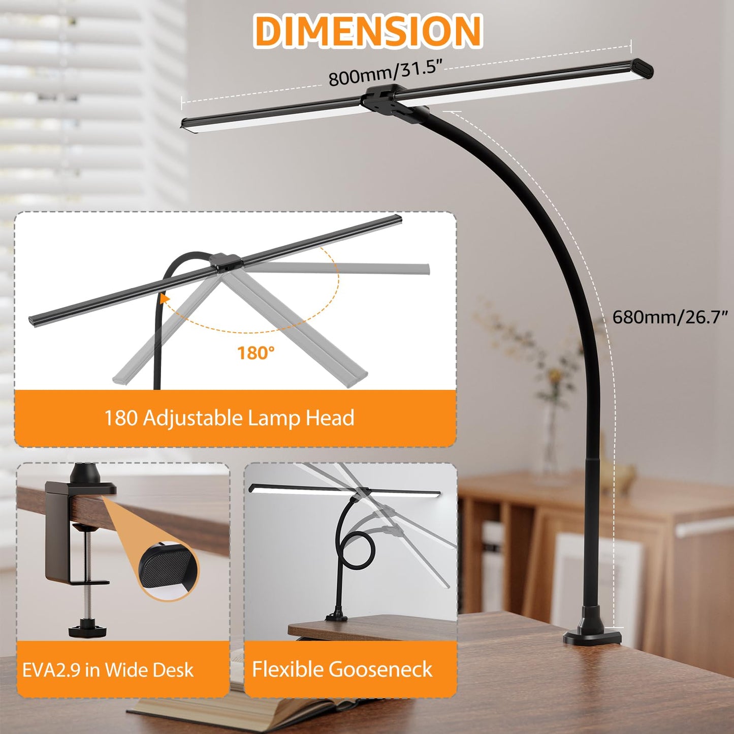ShineTech LED Desk Lamp for Home Office, Ultra Bright Clamp Light with Flexible Gooseneck, 25 Lighting Modes, Eye-Caring Architect Lamp for Dual Monitors, Reading & Gaming Setup
