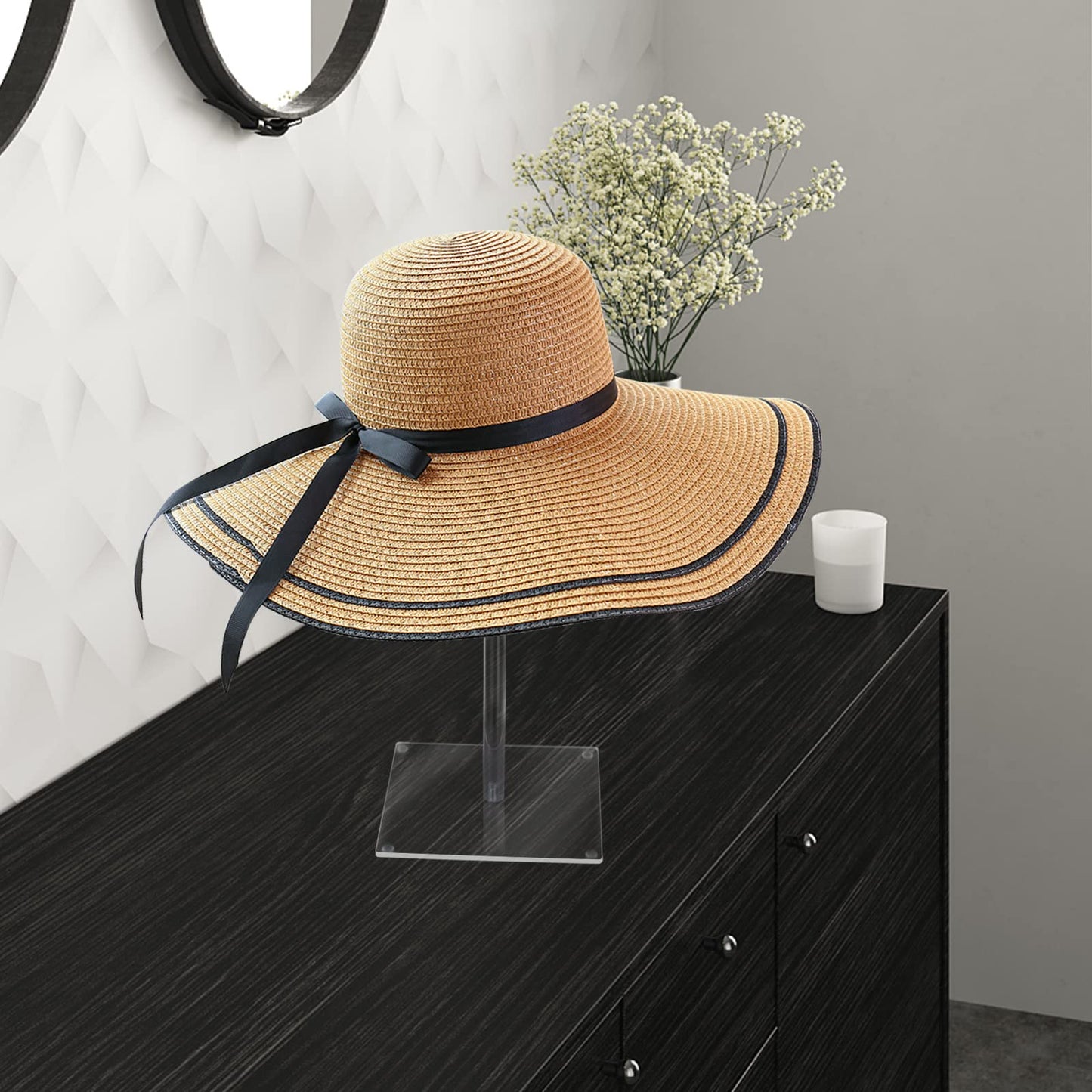 RSSCIIIUL Acrylic Hat Stand and Wig Display Rack, 2pcs 17" Clear Hat Stands for Display, Adjustable Height Hat Holder, Square Barbell Base Display, Hat Rack Stand for Display Jewelry Watch Helmets