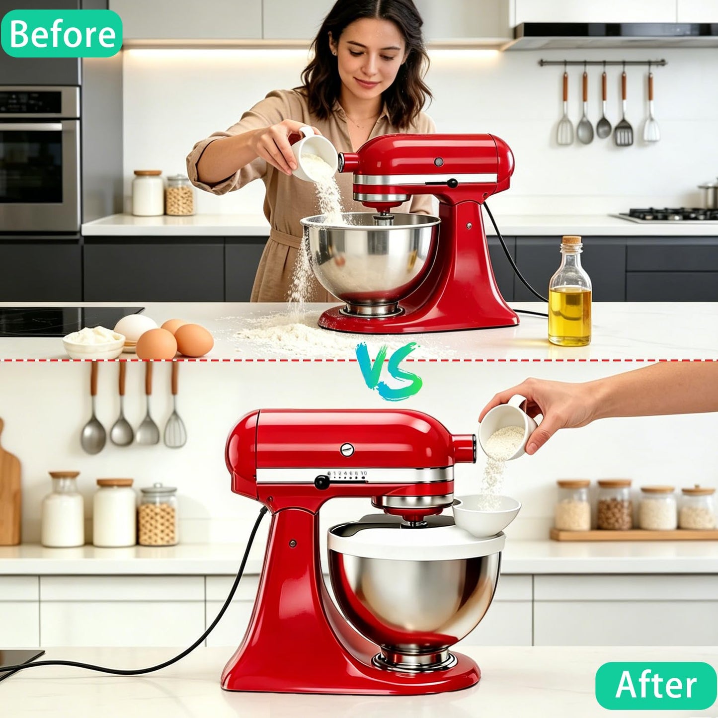 Flour Funnel with Pouring Shield for KitchenAid 4.5-6QT Mixer, Silicone Splash Guard with Flour Funnel for Kitchen Aid Mixer Tilt-Head and Bowl-Lift, Dishwasher Safe Baking Tool (White)