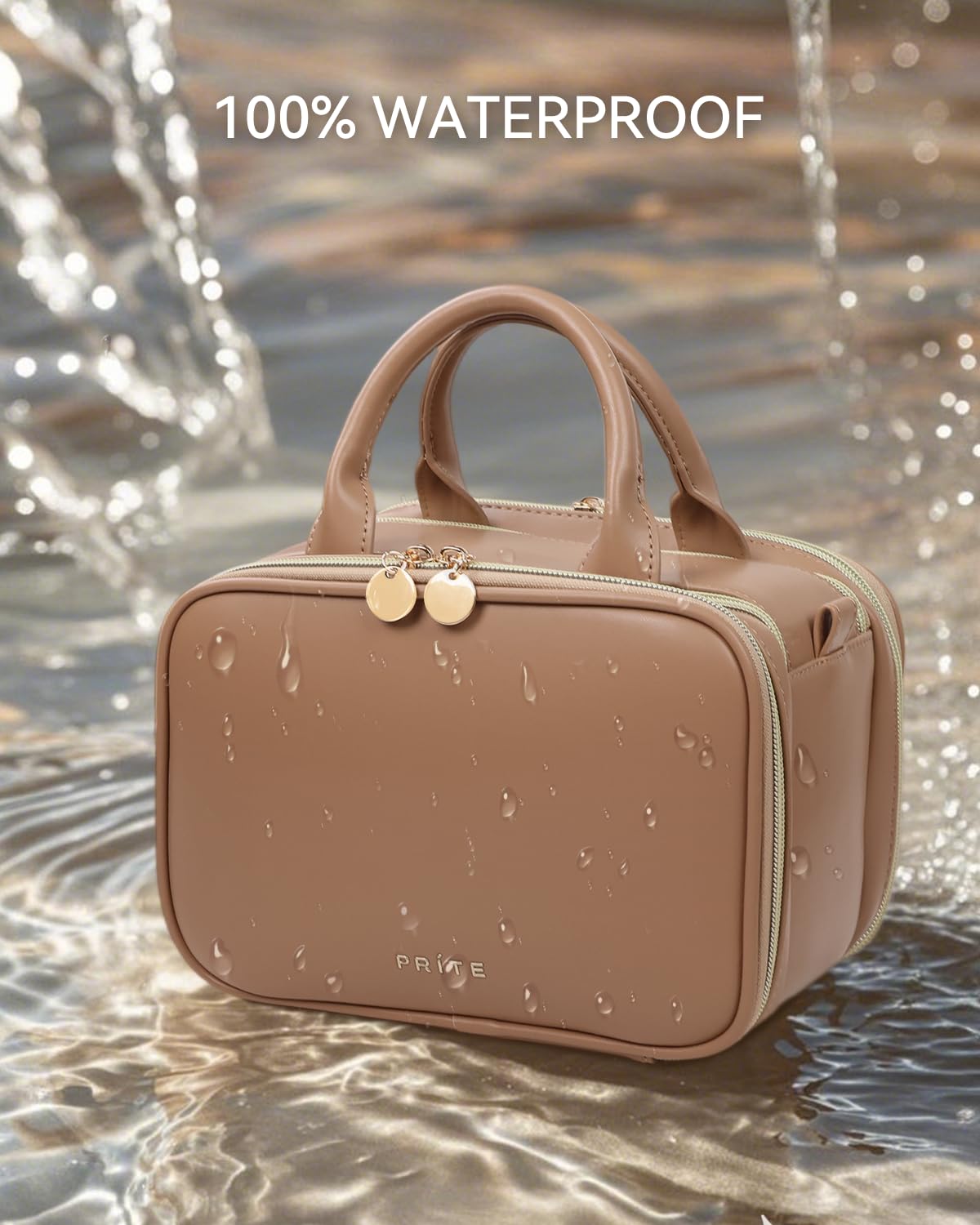 Prite Makeup Bag for Women, Large Capacity Waterproof Travel Cosmetic Organizer, Portable Open Flat Toiletry Bag with Free-standing Brush Holder and Handle(Brown Large)