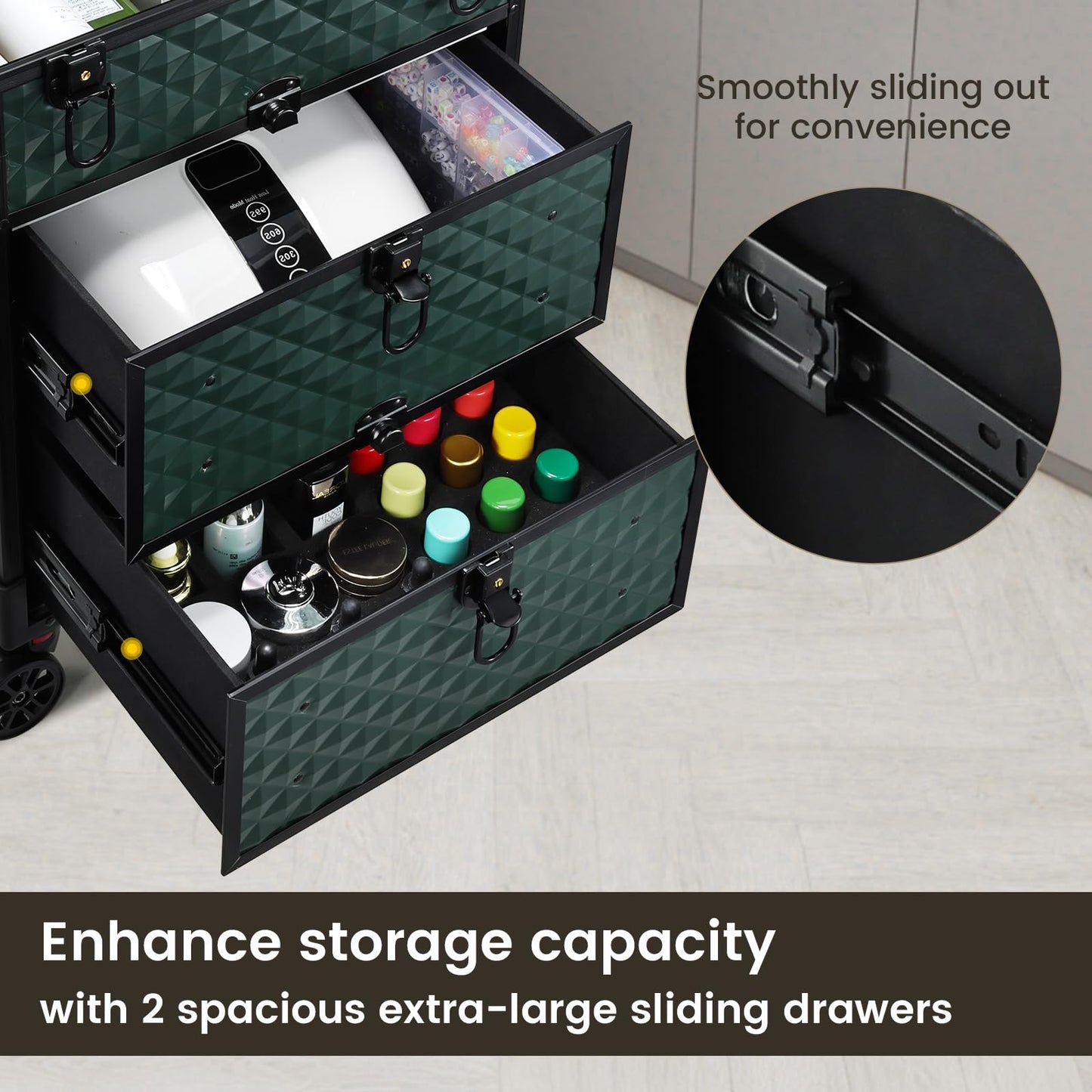 Yueieoun Rolling Makeup Train Case with Wheels 2 Large Drawers Nail Organizer Case Cosmetic Train Cases Traveling Cosmetology Case on Wheels Tattoo Carrying Case Makeup Carts Dark Green