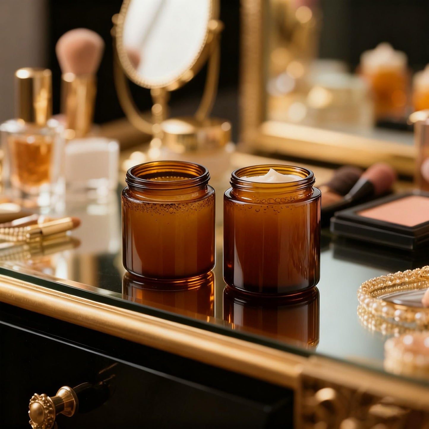Norme 24 Pcs 4 oz Glass Jars with Lids Leakproof Round Airtight Empty Cosmetic Jars with Inner Liners Lid for Storing Lotions Powder Ointments Making Tins (4 oz,Black,Amber)