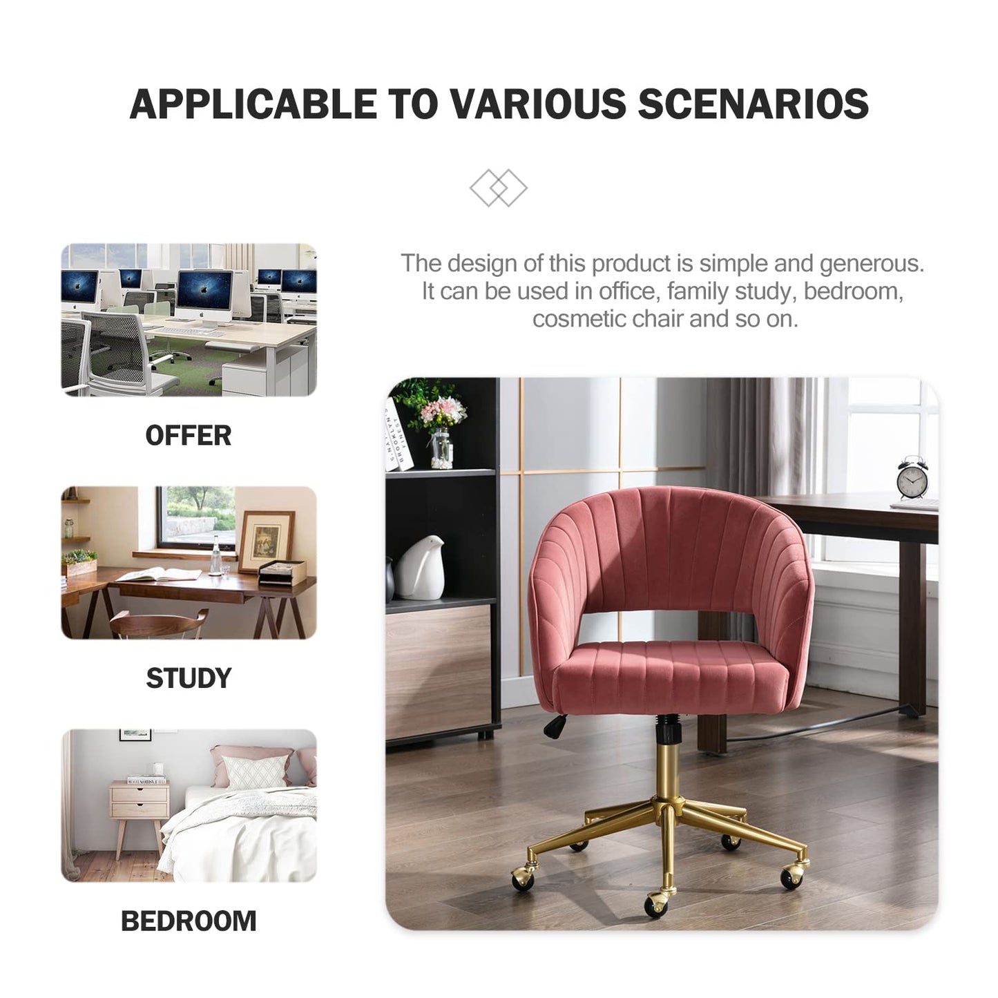 Nrizc Velvet Home Office & Living Room Desk Chairs with Adjustable Swivel Wheels, Ergonomic Upholstered Office Chair for Bedroom, Vanity Study (Rose)