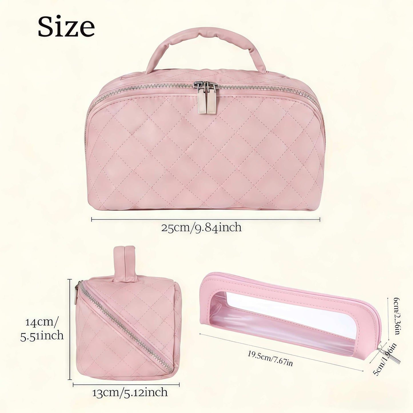 JMKEY Makeup Bag, Quilted Puffer Cosmetic Bags for Women: 3 Pcs Set Large Capacity Waterproof Make up Bag - Makeup Organizer for Travel Essentials Pink