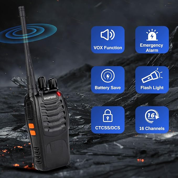 Baofeng Walkie Talkies 888S Rechargeable Long Range with Earpieces for Adults, 16 Channel Professional Radio Handheld Two Way Radios Li-ion Battery and Charger Included (4pack with 4earpiece)