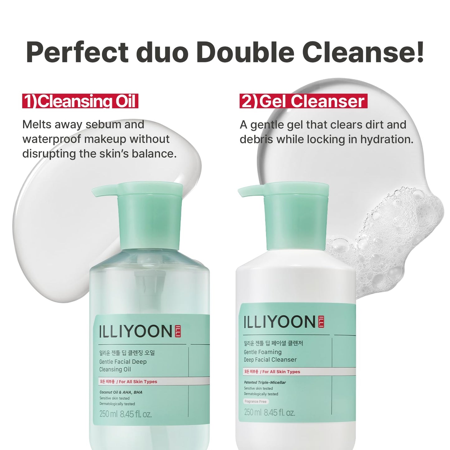 Illiyoon Gentle Deep Facial Cleanser | Low pH Gel-to-Foam Face Wash for Sensitive Skin, Hydrating Gel Cleanser & Daily Makeup Remover, Korean Skincare, 8.45 fl.oz.