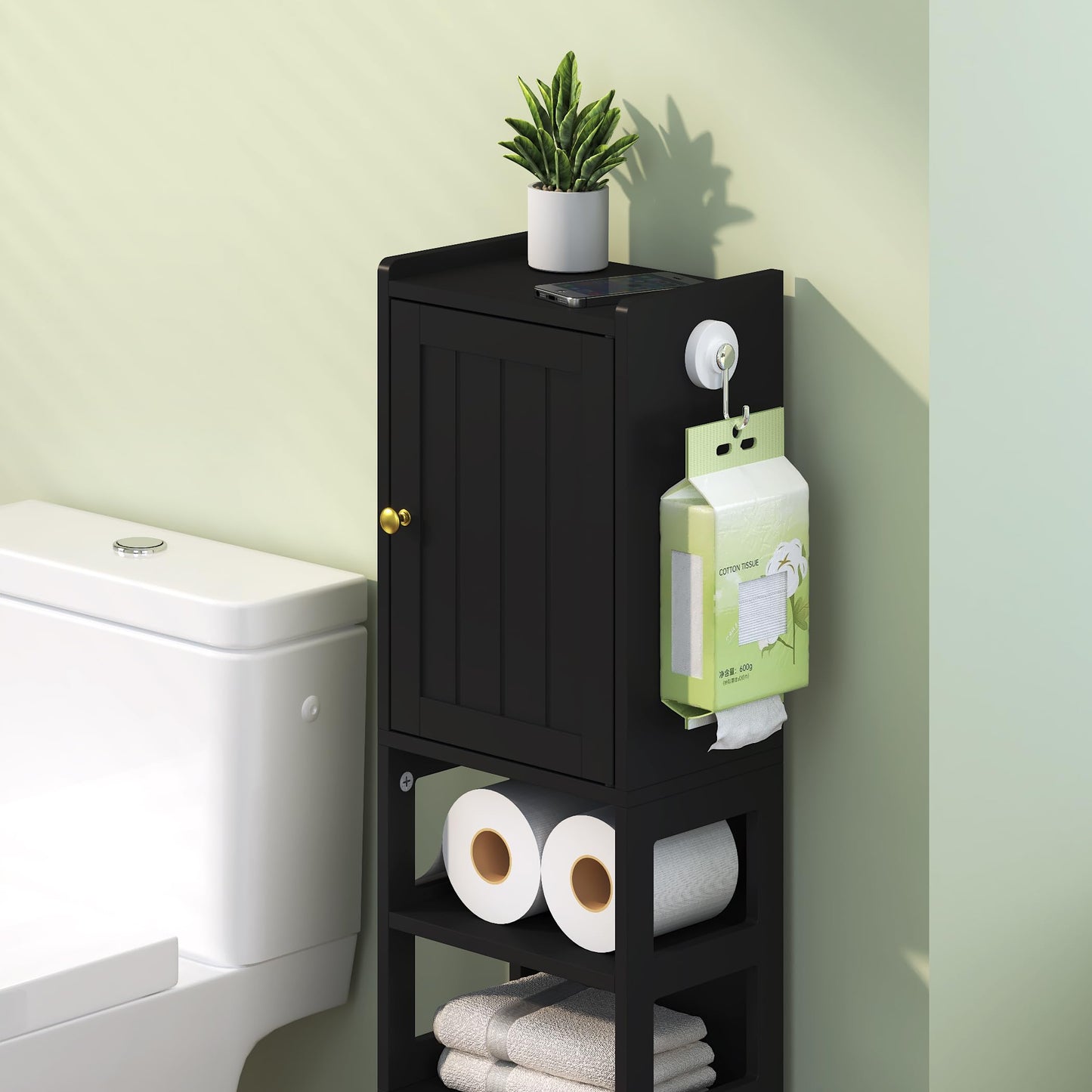 TidyHaven 39" H Small Bathroom Storage Cabinet, Narrow Corner Floor Cabinet with Adjustable Shelf, Slim Design for Bathroom, Kitchen, Living Room (Black)