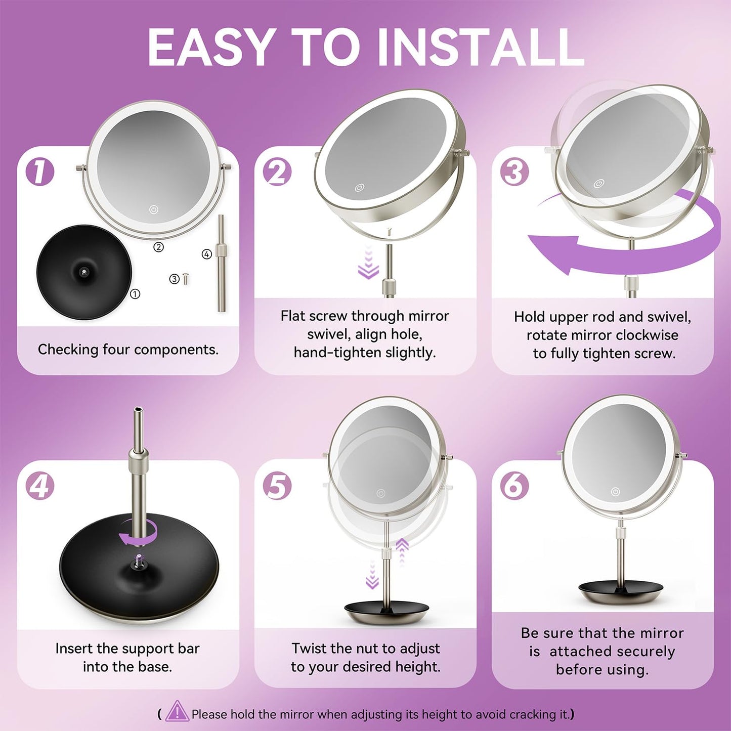 Auxmir 9" Large Lighted Makeup Mirror with Magnification, 1X/30X Double Sided Magnifying Mirror with Adjustable Height, Rechargeable Vanity Mirror with 3 Color Dimmable Lights, 360ยฐ Rotation