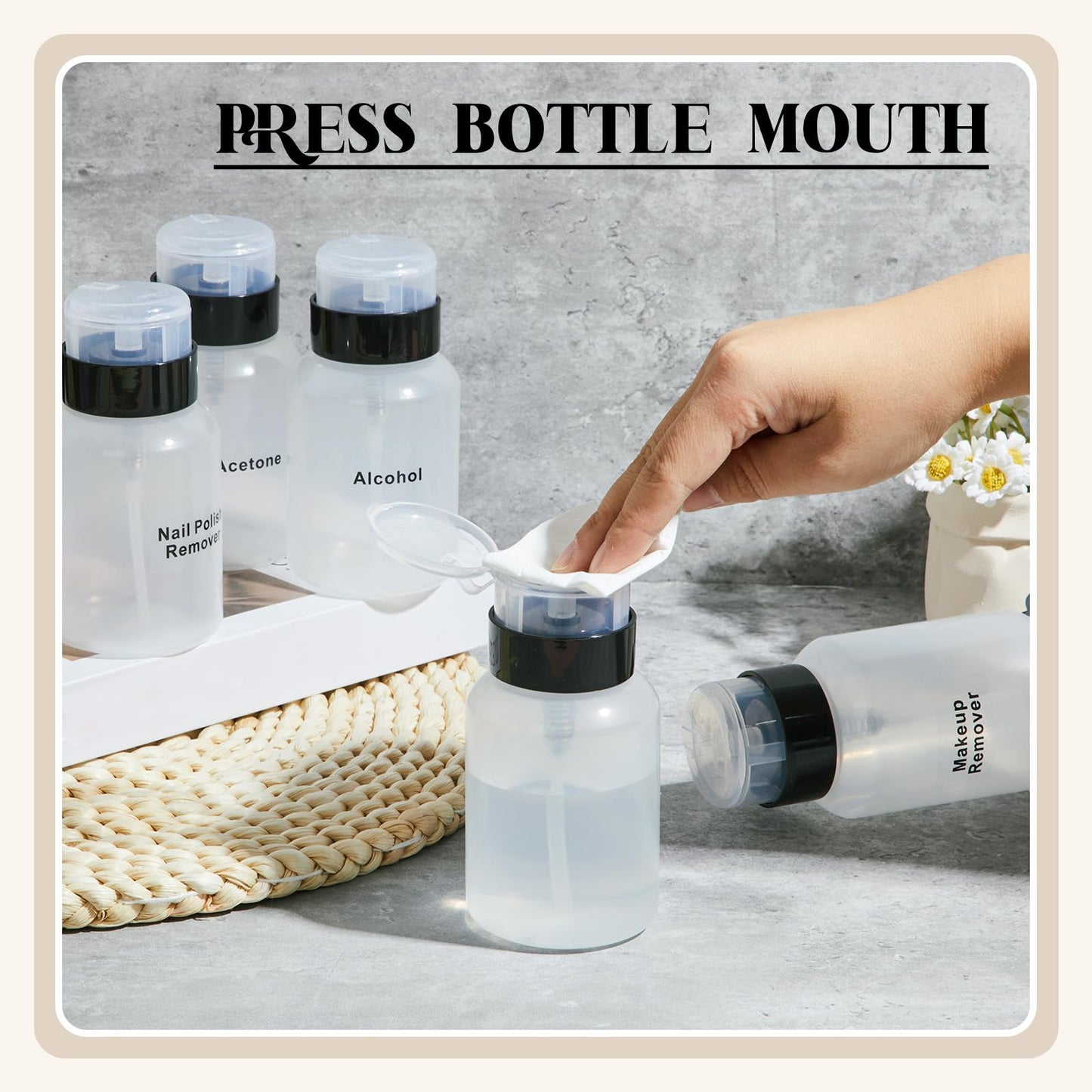 Layhit 3 Pack 6.8 oz (200ml) Push Down Lockable Pump Dispenser Bottle with Stickers, Alcohol Push Down Empty Refillable Container for Nail Polish Remover, Alcohol & Makeup Remover (Black Top Cap)