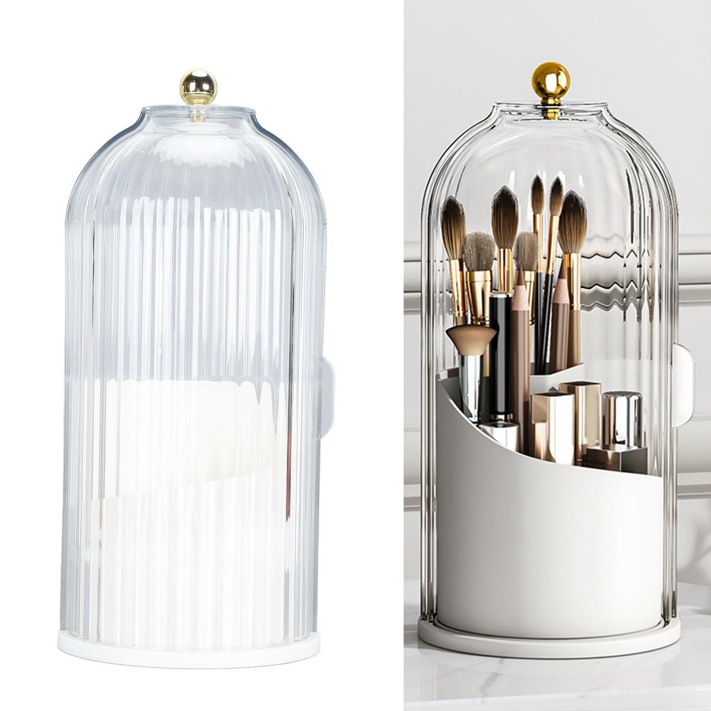 Miriam Song Clear Dustproof 360 Degree Rotating Makeup Brush Holder Organizer, Ideal for Vanity, Desktop, Bathroom Countertop, Includes Toothbrush Holders (White Base with Clear Lid)