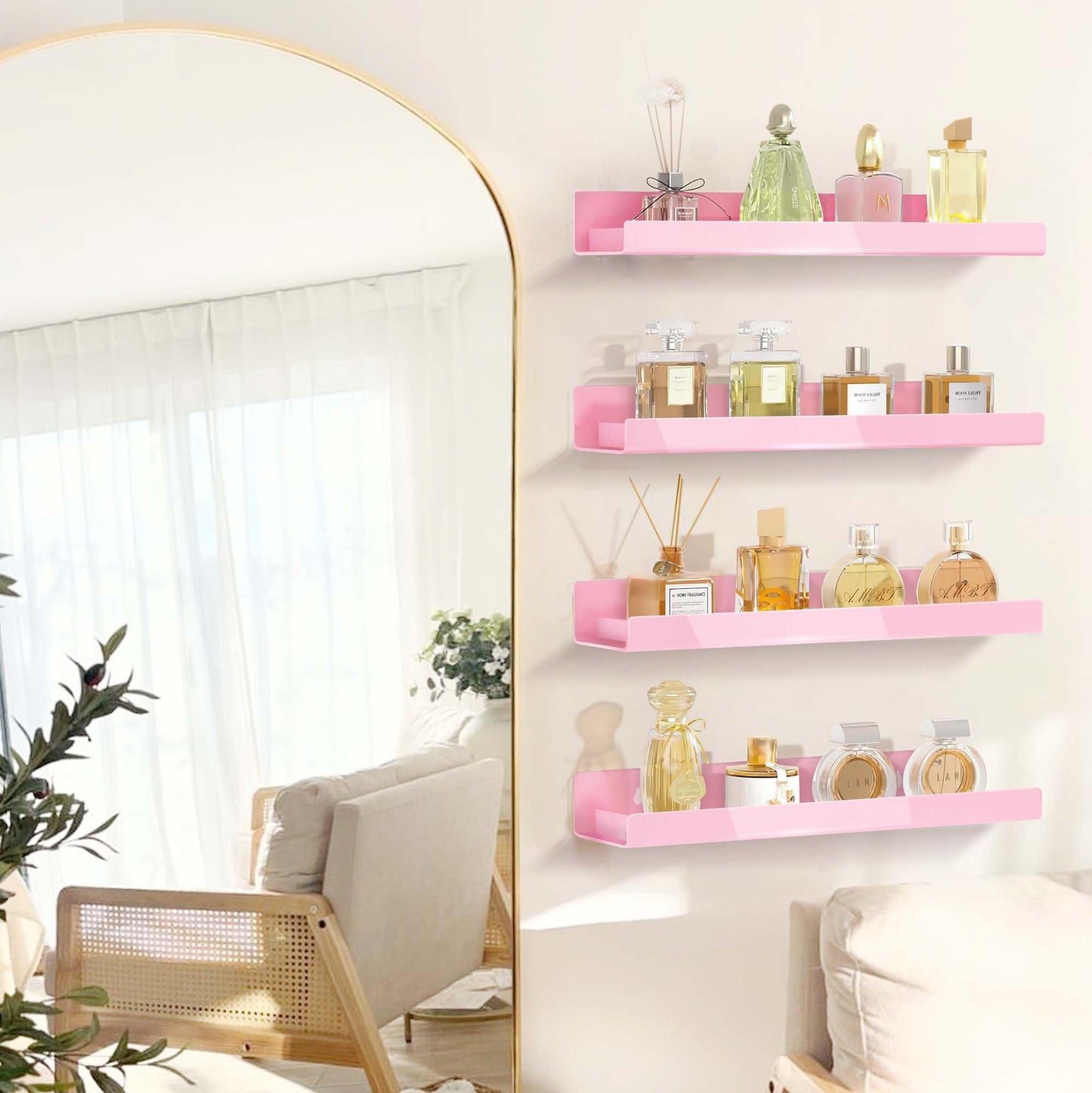 RORKIM 4 Pack 15 Inch Pink Acrylic Shelves, Kids Floating Bookshelf for Kids Room, Modern Nail Polish Rack Sunglasses Essential Oil Picture Ledge Display Toy Storage Wall Shelf