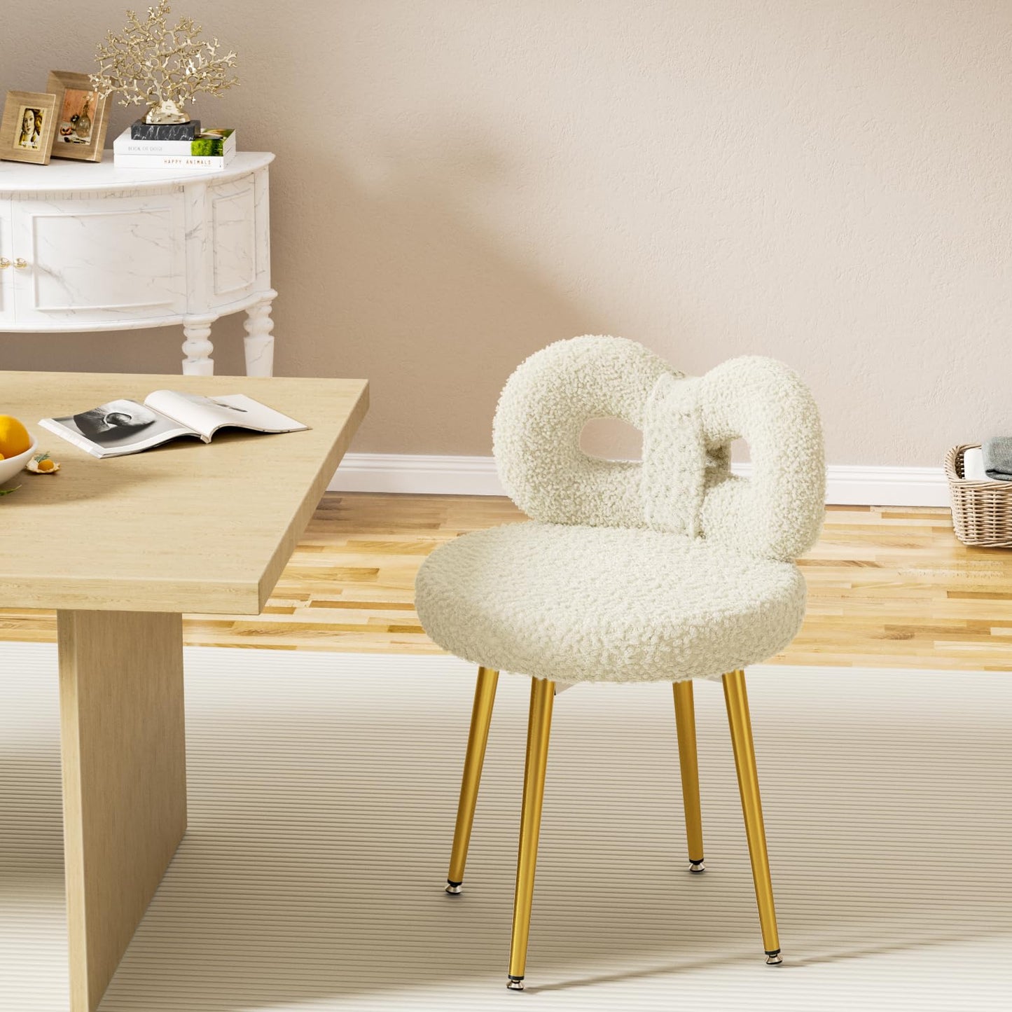 ROOMTEC Vanity Chair with Back, Swivel Makeup Chair with Upholstered and Golden Metal Legs for Living Bedroom and Makeup Room, Off-White