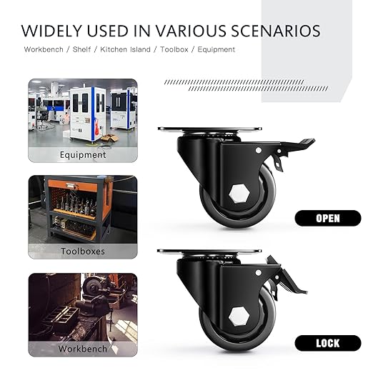 3 Inch Heavy Duty Casters Set of 4, Load 4400lbs, Locking Swivel Plate Industrial Casters with Double Ball Bearings, Low Gravity Center Castor Wheels for Furniture, Workbench, Equipment