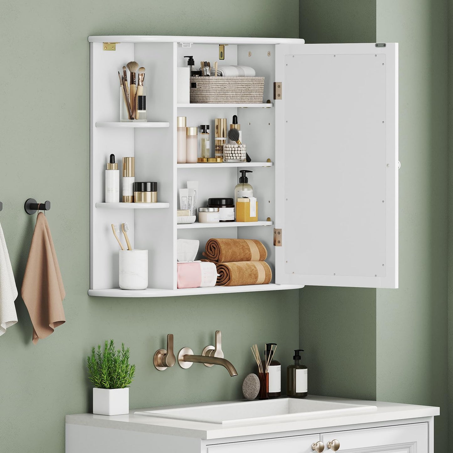 Giantex Bathroom Medicine Cabinet, Wall Mounted Bathroom Mirror Cabinet with Mirrored Door & 4 Interior Shelves, 6 Open Shelves, Mounting Hardware, Space-Saving Storage Cabinet, White