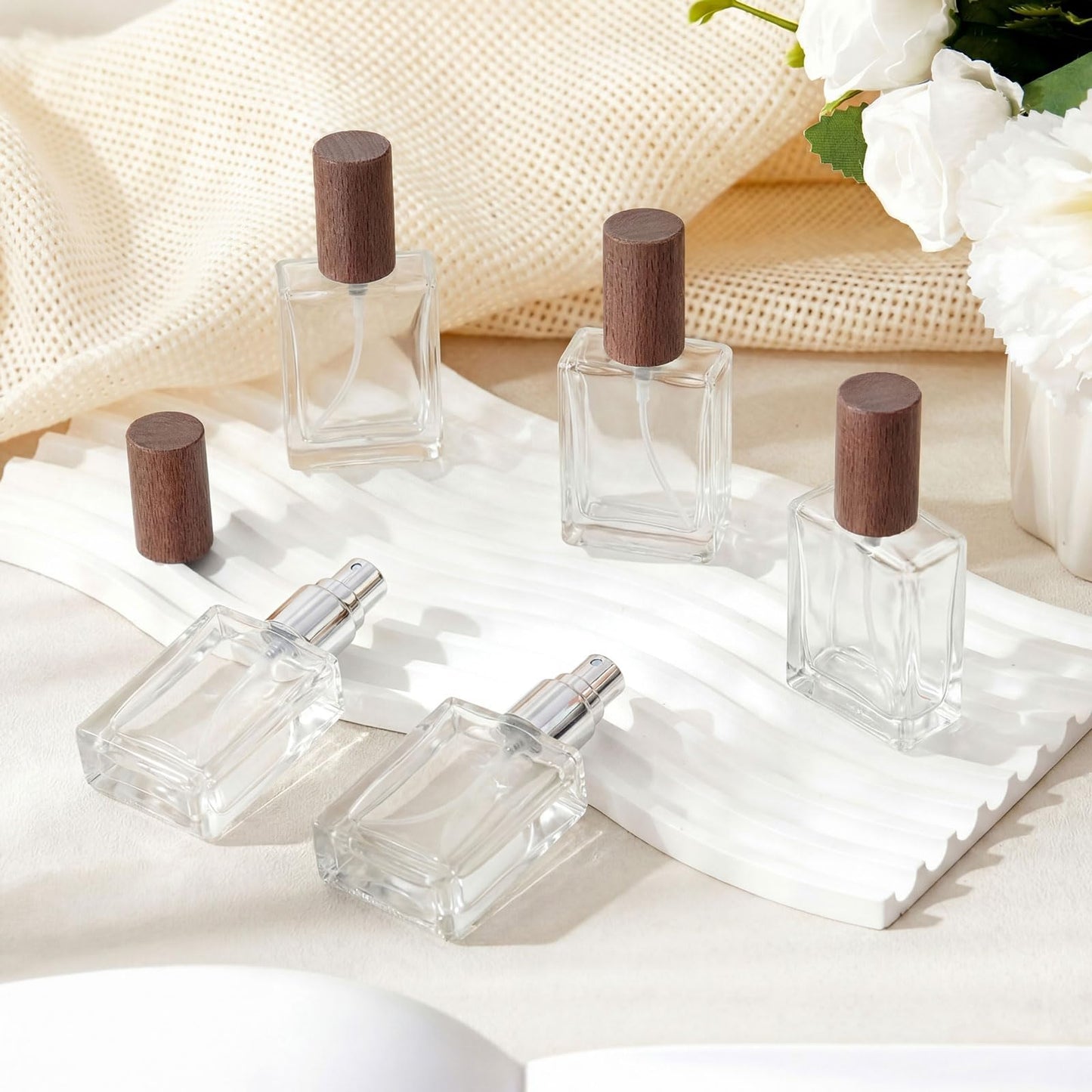Domensi 30 Pcs 10/15/30/50 ml Glass Square Perfume Bottles Mini Glass Empty Spray Atomizer Bottles Bulk Refillable Perfume Dispenser Container with Pump Tool for Travel (15 ml,Dark Woddy Color)