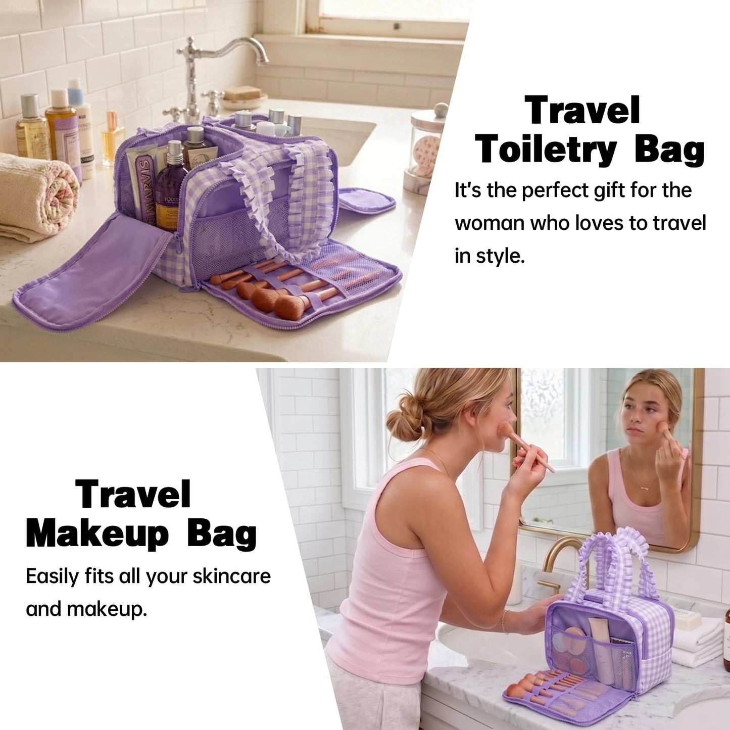 THOVSMOON Travel Toiletry Bag for Women,Water-resistant Large Gingham Makeup Cosmetic Organizer with Ruffles Handle for Traveling, Toiletries, Cosmetic, Essentials Accessories(Purple Gingham)
