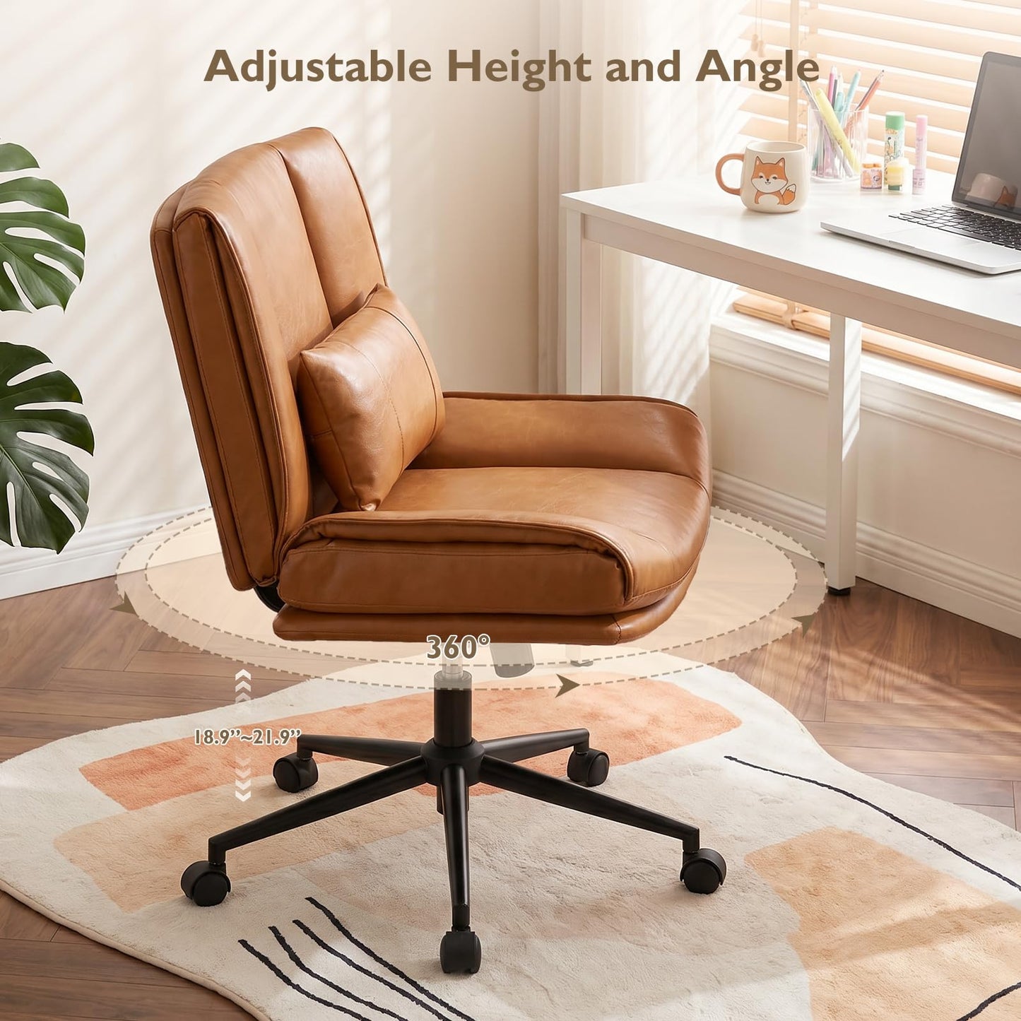 BIAOZHIKE Armless Criss Cross Office Chair with Wheels,PU Leather Brown
