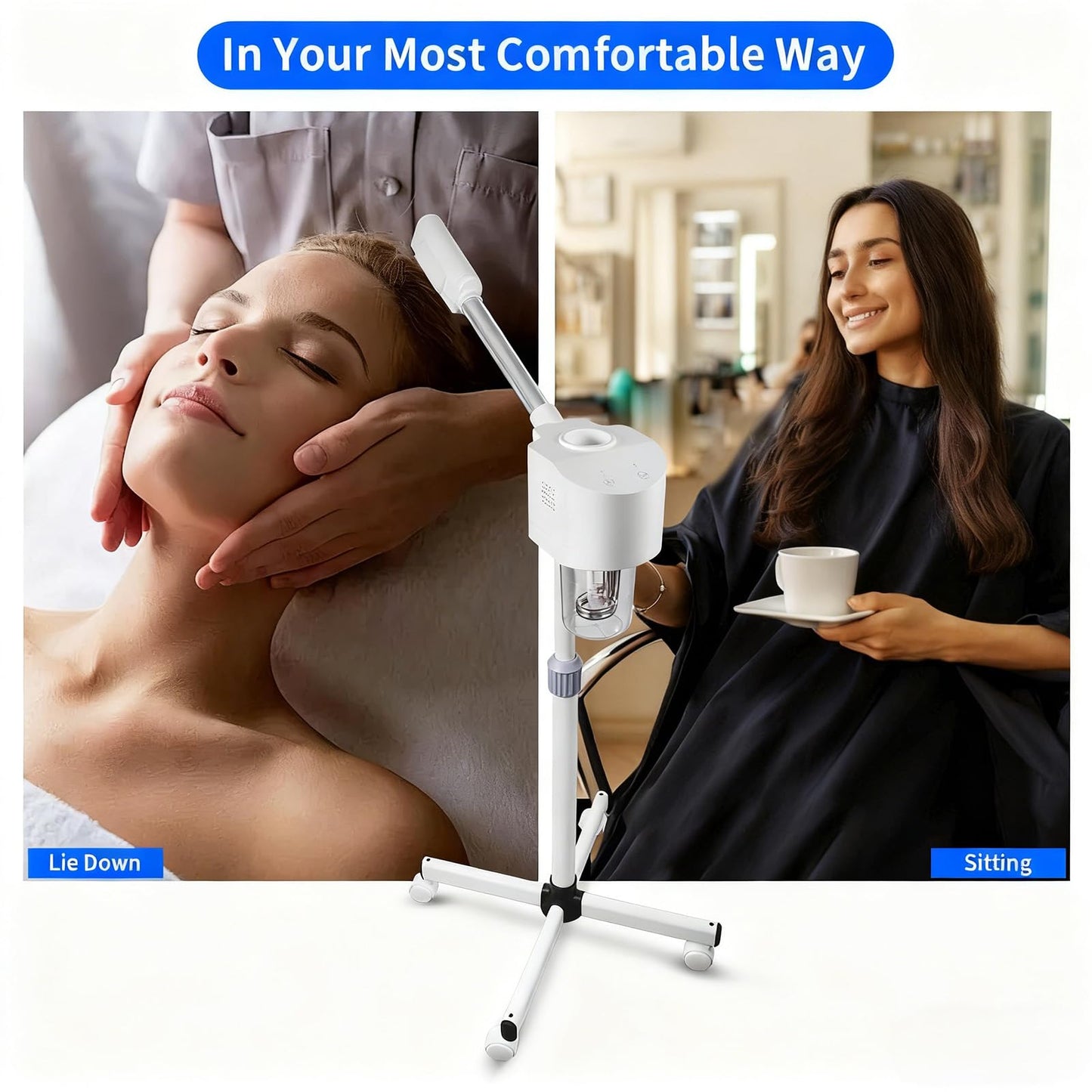 Professional Facial Steamer, Ionic Ozone with Hot Mist, Estheticians Steamer on Wheels with Timer Function, SPA & Home (White)