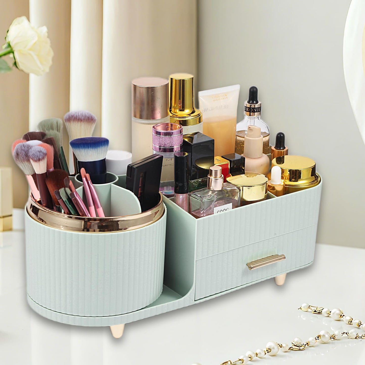 Zufudo Makeup Organizer Countertop with Drawer 360 Rotating Brush Holder Storage Large Capacity Skincare Cosmetic Display Cases for Vanity Bathroom Desktop, Model 3016 Green