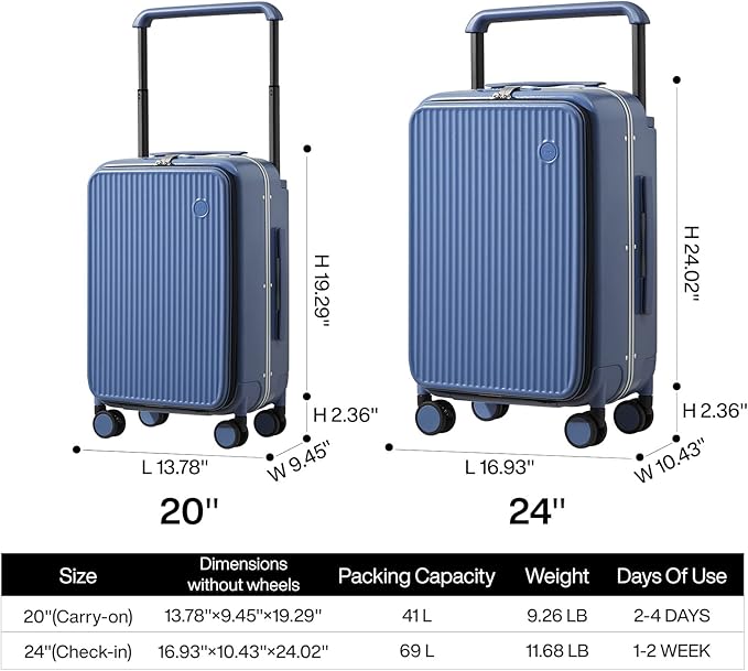 mixi Carry On Luggage 20'' Suitcase with Front Laptop Pocket, Wide Handle Rolling Travel Suitcases PC Hardshell with Aluminum Frame Spinner Wheels & TSA Lock, Carry-On Luggage(Sapphire Blue)