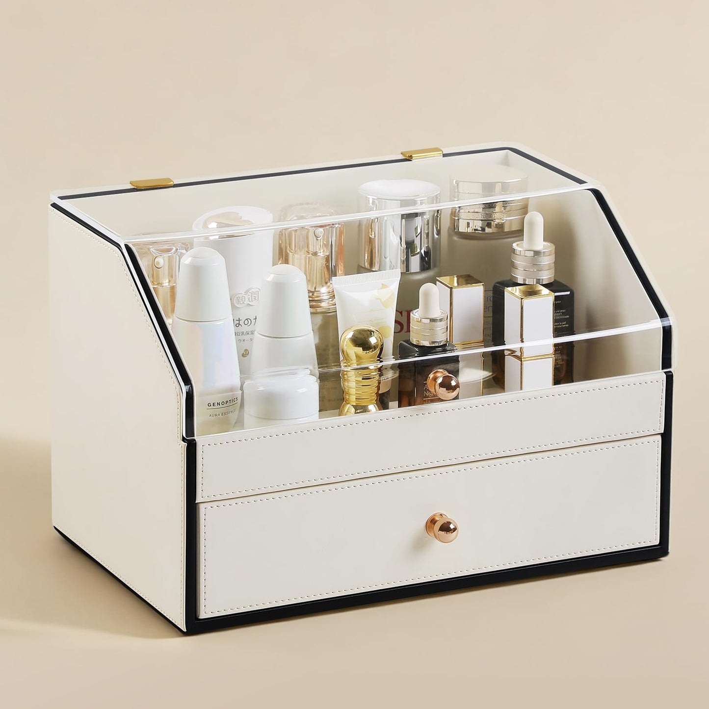 naiwenmoer Leather Makeup Organizer & Skincare Storage Rack - Cosmetic Display Case with Dustproof Transparent Cover, Drawer Jewelry Storage, for Bedroom Vanity, Perfume & Lipstick Organizer - White