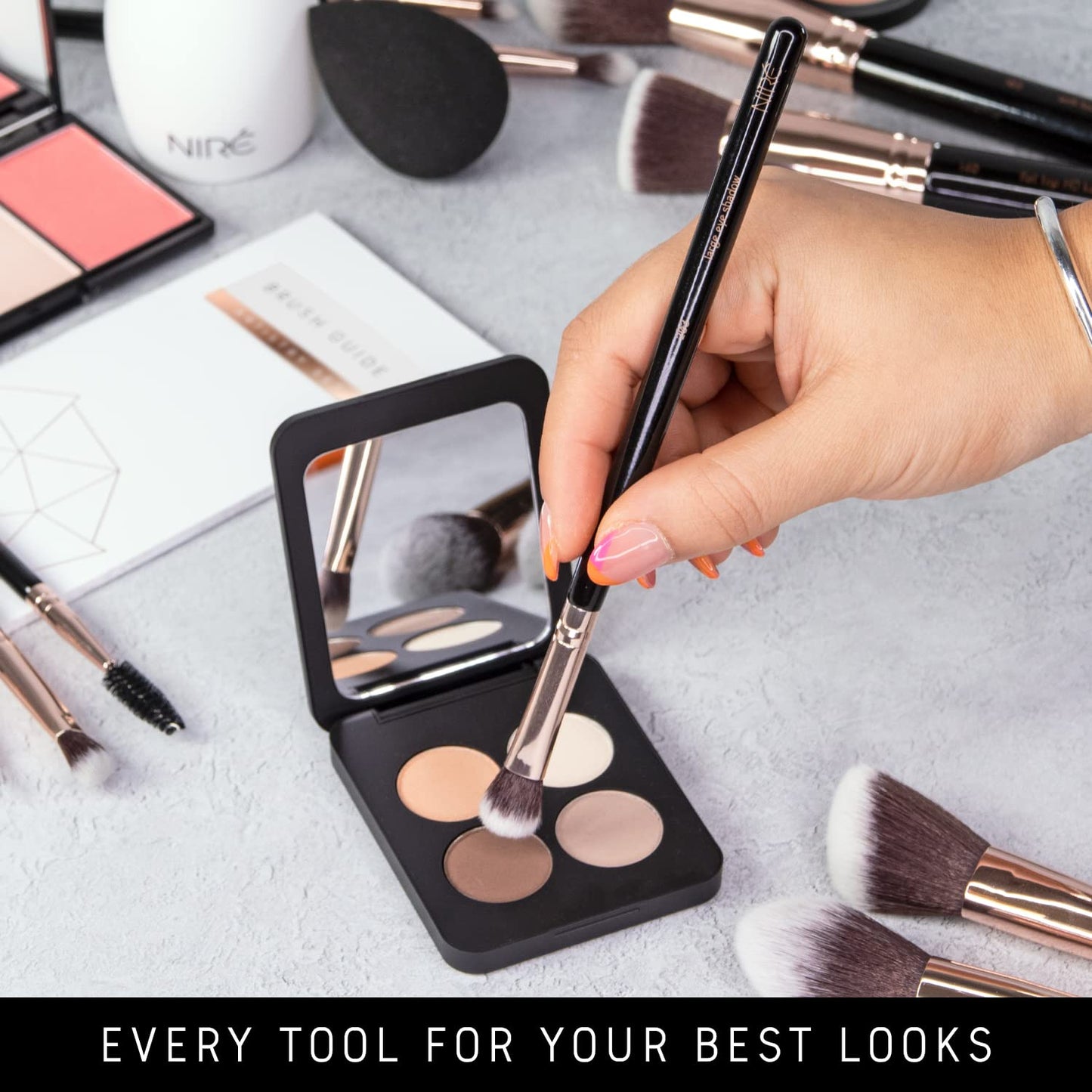 Niré Beauty 15 Piece Award Winning Black & Rose Gold Makeup Brush Set: Vegan Professional Makeup Brushes for Women with Holder Case, Sponge, Cleaner & Guide, Complete Face & Eye Kit, Gift Box