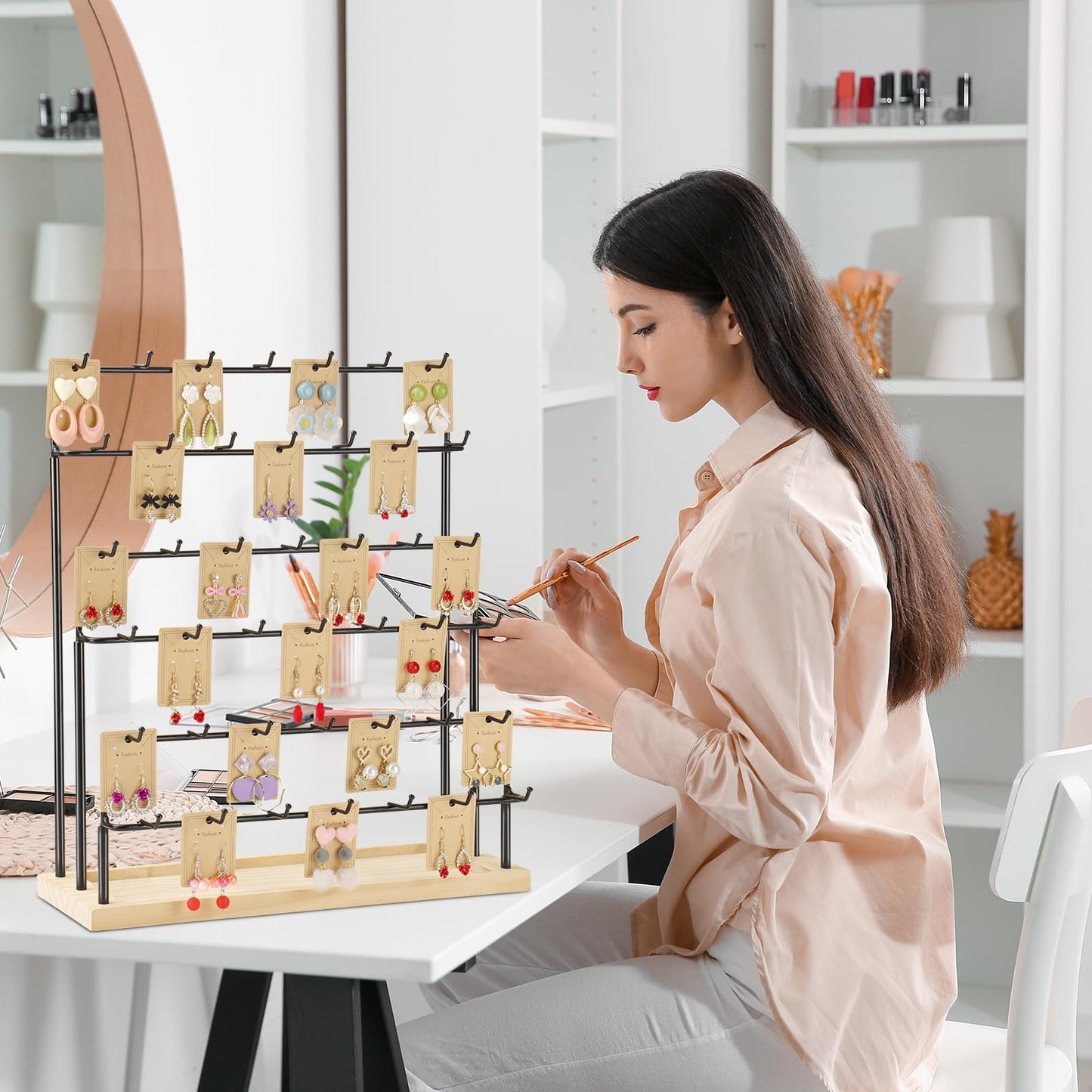 RNTBWD Earring Display for Vendors 6 Tier 42 Hooks Wood Earring Display Rack Holder for Earings Necklaces Rings Bracelets Keychains