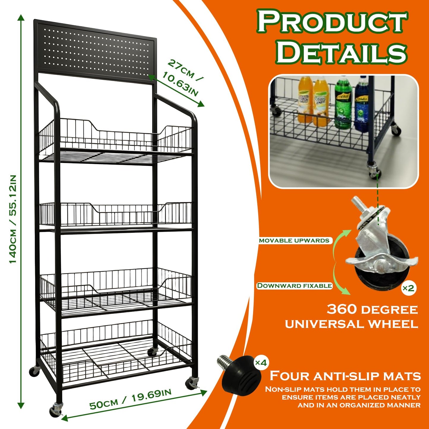 5 Tier Retail Candy Display Rack Metal Storage Shelf with Wheels & 15 Hooks Concession Candy Snack Display Racks Sturdy and Stable Chip Shelf Rack for Stores, Kitchen, Office (5 Tier Black 50cm)