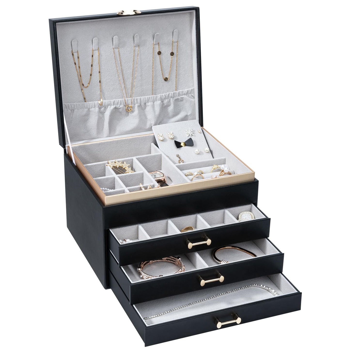 V-LAFUY Jewelry Boxes for Women, Large Jewelry Storage Boxes, 4-Layer Leather Jewelry Organizer with 3 Drawers, Jewelry Display Case Gift for Women Girls, Black