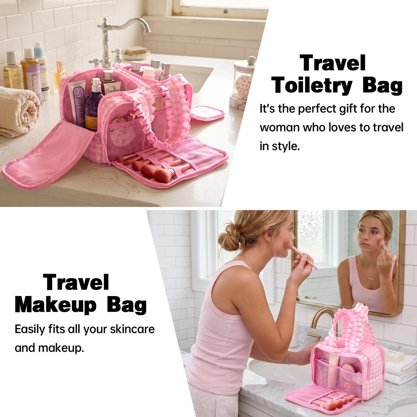THOVSMOON Travel Toiletry Bag for Women,Water-resistant Large Gingham Makeup Cosmetic Organizer with Ruffles Handle for Traveling, Toiletries, Cosmetic, Essentials Accessories(Pink Gingham)