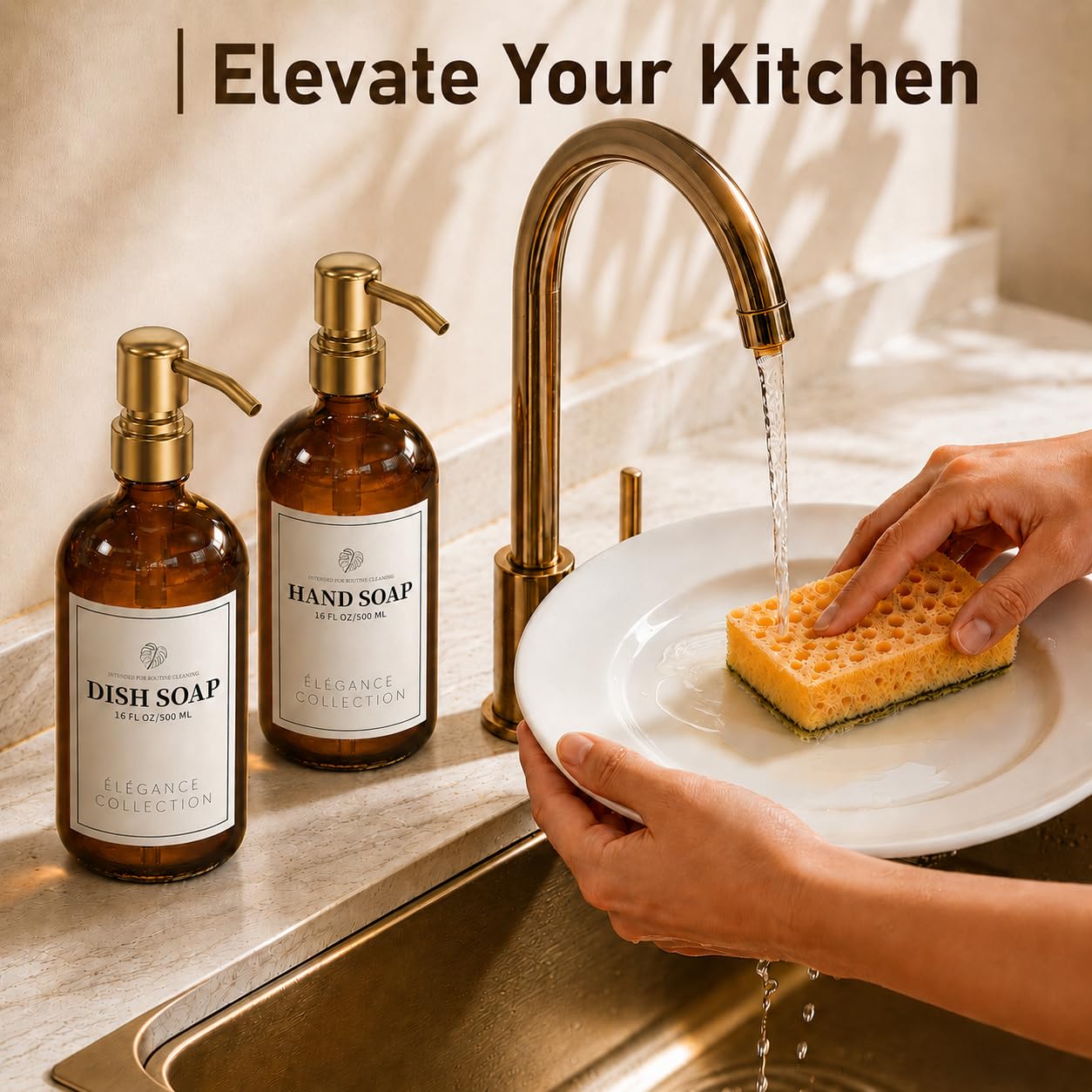 Fachixy Amber Glass Soap Dispenser (2 Pack), 16 Fl Oz Hand & Dish Soap Dispenser Bottles Set with Rust-Resistant Stainless Steel Pump, Non-Slip Pad, 14 Waterproof Labels for Kitchen and Bathroom