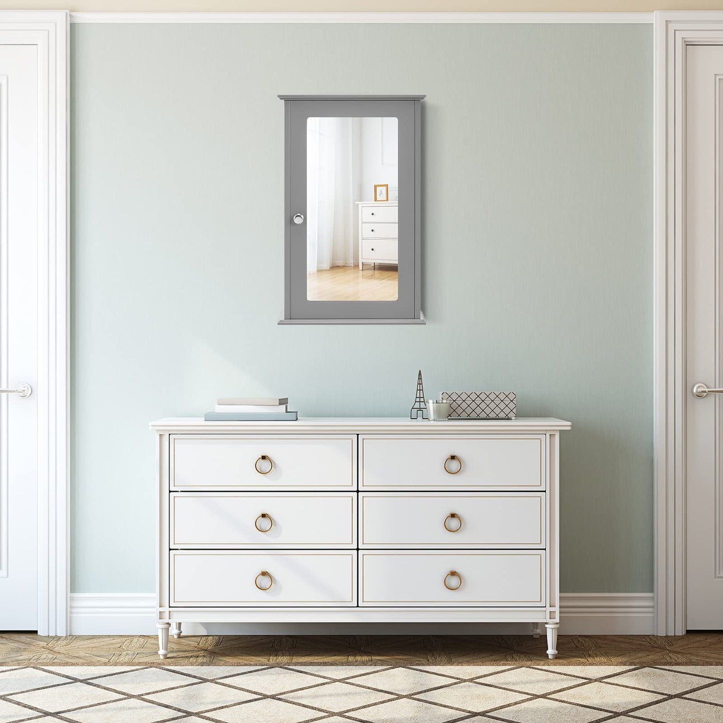 Hysache Bathroom Medicine Cabinet, Wall Mount Mirrored Storage Cabinet w/Single Mirrored Door & Adjustable Shelf, Multipurpose Wooden Organizer for Hallway Living Room Bed, 13.5" L x 6" W (Gray)
