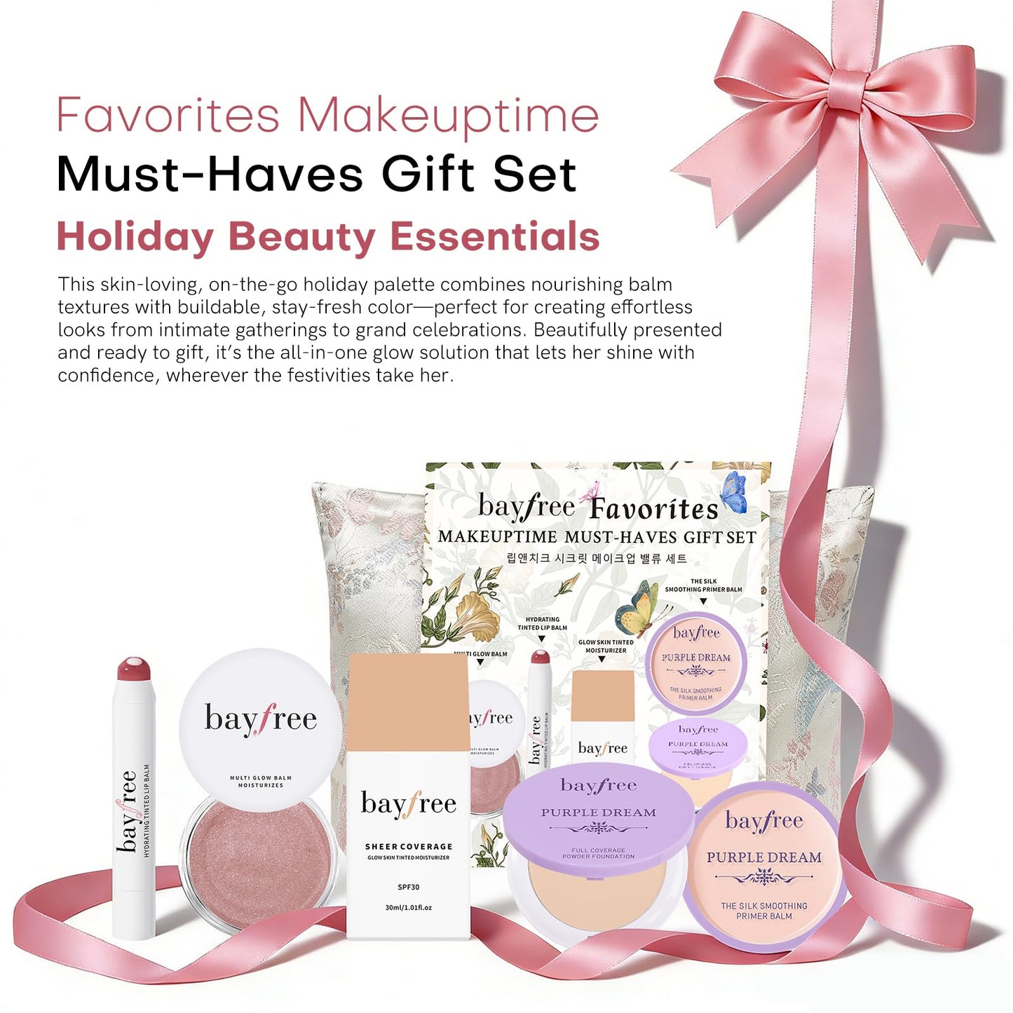 bayfree Original Kit Gifts Set for Women, Korean Makeup Set for Women & Beginners, Travel Make Up Kit Tinted Moisturizer Primer Lipstick Powder Multi Glow Balm with Makeup Bag, Vegan, Natural Finish