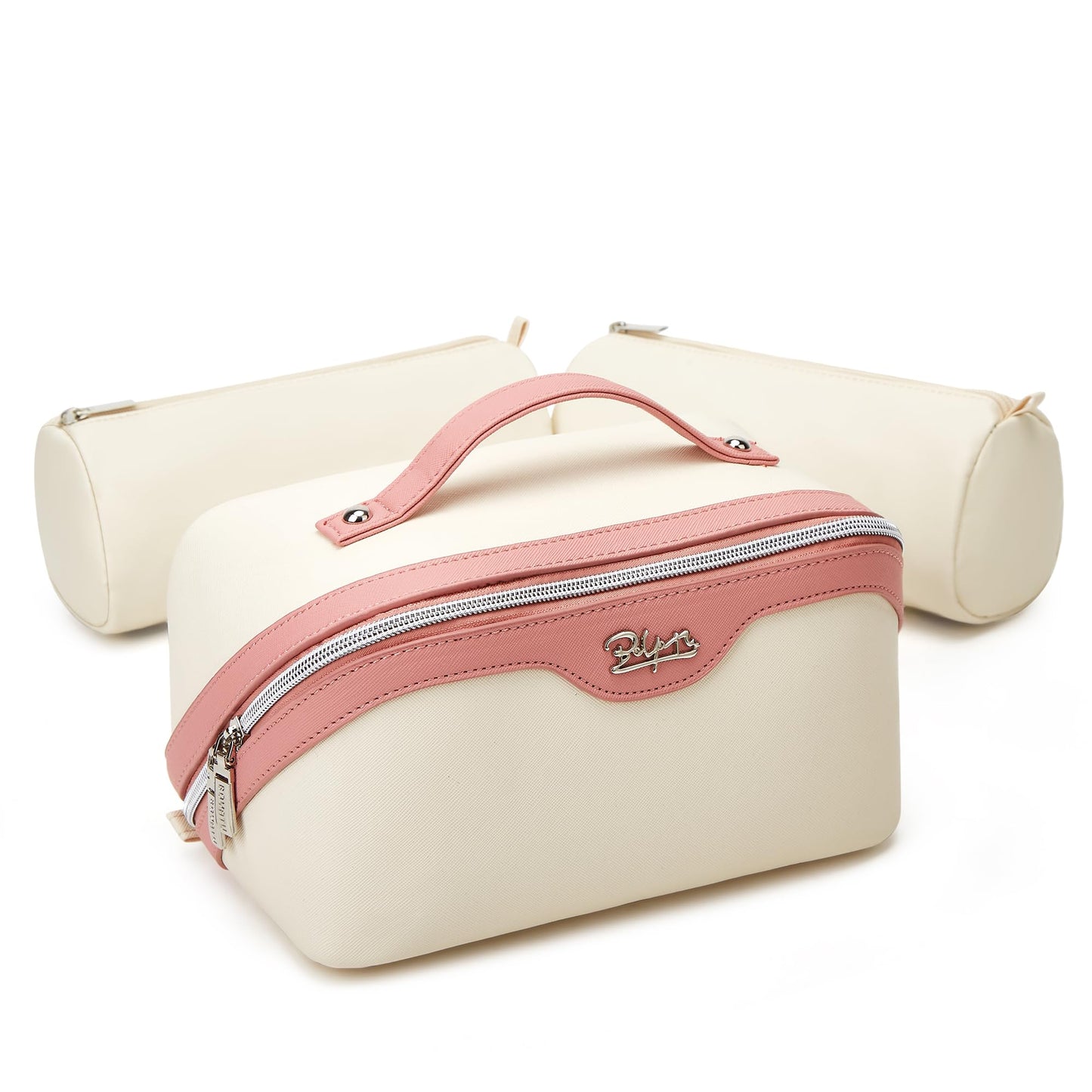 BOYATU Travel Makeup Bag Organizer Cosmetic Bag: 3 Pcs Set Make up Bags for Women with Handle - Waterproof Vegan Leather Toiletry Bags Travel Essentials Pouch with Compartments (A-08-White)