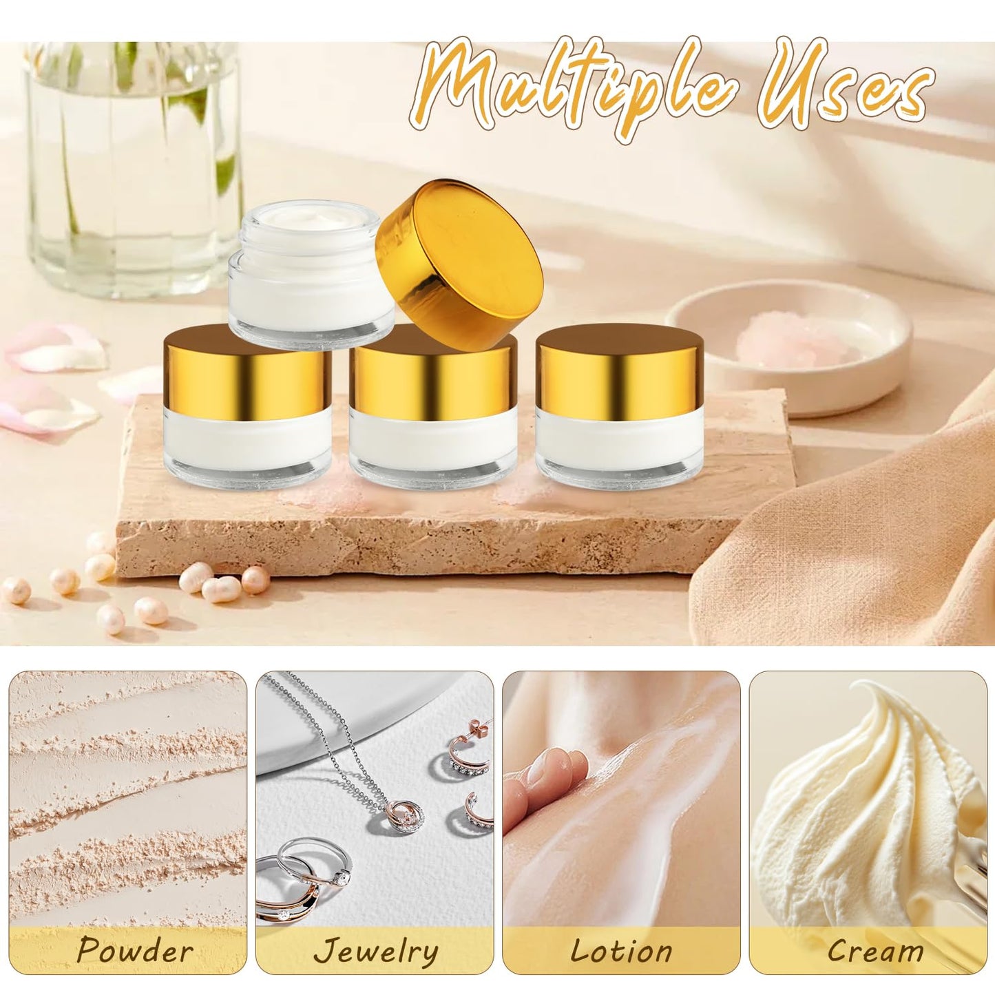 24 Pcs Clear Glass Jars Refillable Cosmetic Containers Empty Round Storage with Gold Color Lids for Eye Cream Lotion Spice Powder Liquid Sample Make Up - 5g/0.17oz