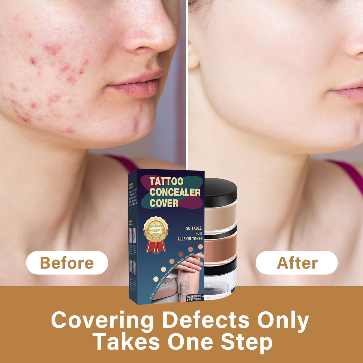 Tattoo Cover Up Makeup Waterproof, 2-Color Tattoo Concealer, Long Lasting Sweatproof Concealers and Neutralizing Makeup for Body, Naturally Cover Tattoos, Spots