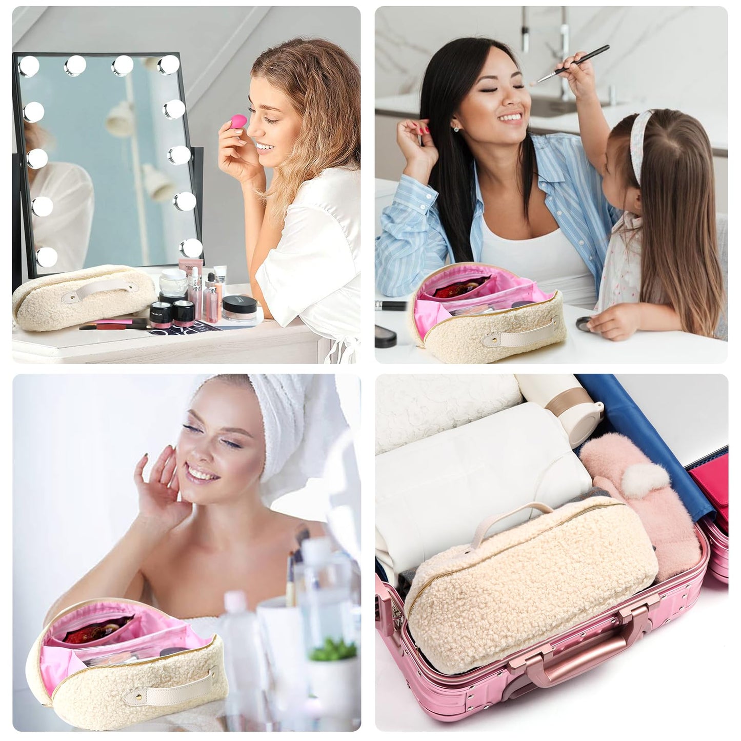 OpNelDum Makeup Bag - Large Capacity Travel Cosmetic Bag, Travel Toiletry Bag Cute Plush Makeup Pouch with Handle and Divider Flat Lay Portable Makeup Case Organizer for Women (White)