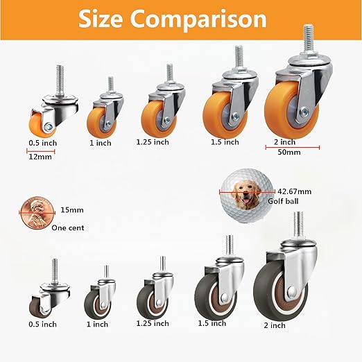 1" M6x15 Stem Casters Bolt Threaded Wheels,TPR Mute Rubber Swivel Single Caster Screws in Wheel Small with 2 Brake Locks-Orange