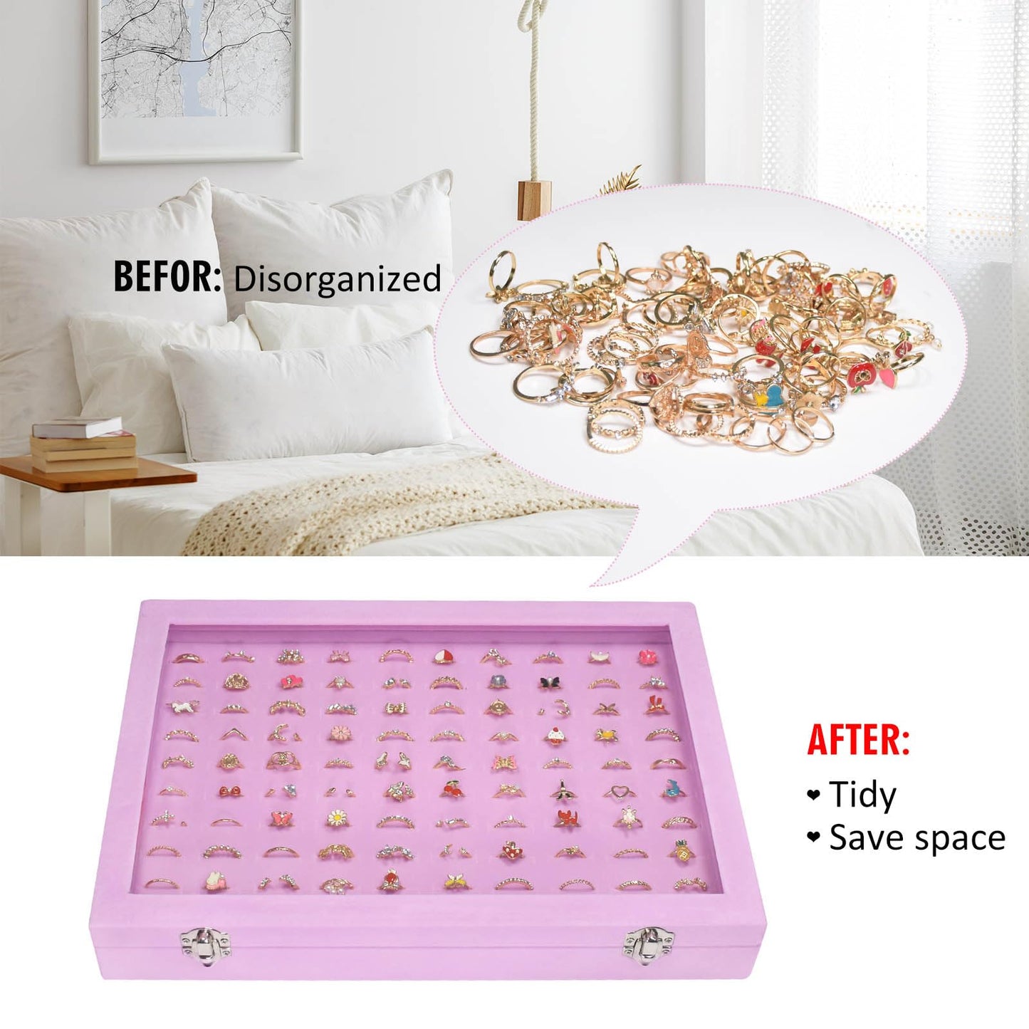 Vicoter Rings Organizer Tray 100 Slot Velvet Rings Earring Storage Box TranSparent Cover Jewelry Store Ring Display Box Jewelry Display Cabinet for Girl Wife Mother.