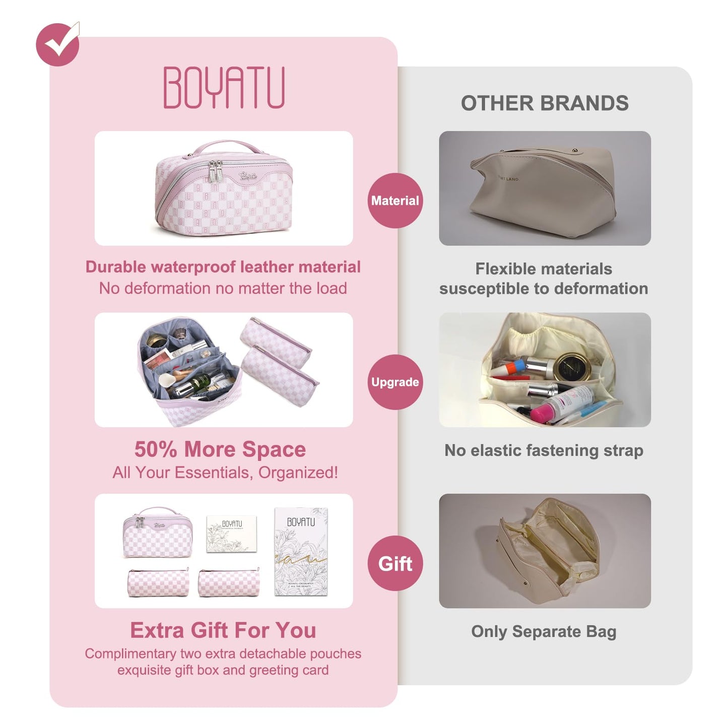 BOYATU Travel Makeup Bag Organizer Cosmetic Bag: 3 Pcs Set Make up Bags for Women with Handle - Waterproof Vegan Leather Toiletry Bags Travel Essentials Pouch with Compartments (H-05-Pink)