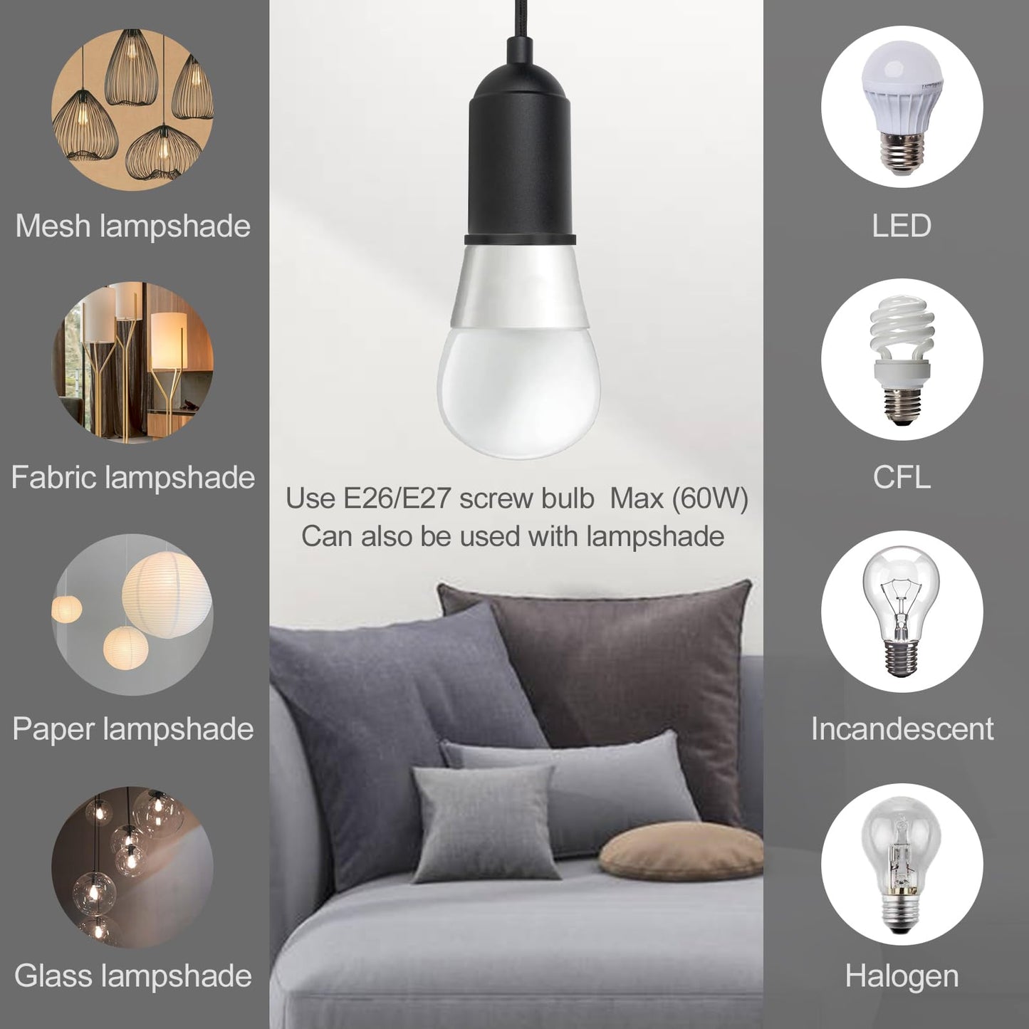 Hovnuyee Plug in Pendant Light Cord with Switch,Braided Hanging Lamp Kit with Ceramic Bulb Socket,DIY Lamp Shade Replacement Cord,Swag Light kit Fixture Fabric Wrapped Cable 15ft Black