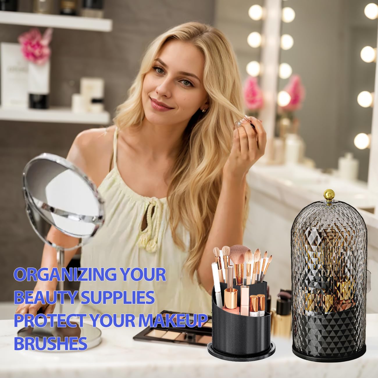 JIANGLAI Makeup Brush Holder with Lid, 360 Rotating Multifunction Clear Dustproof Skincare Cosmetic Tools Storage Organizer for Vanity Desktop Bathroom Countertop (White)