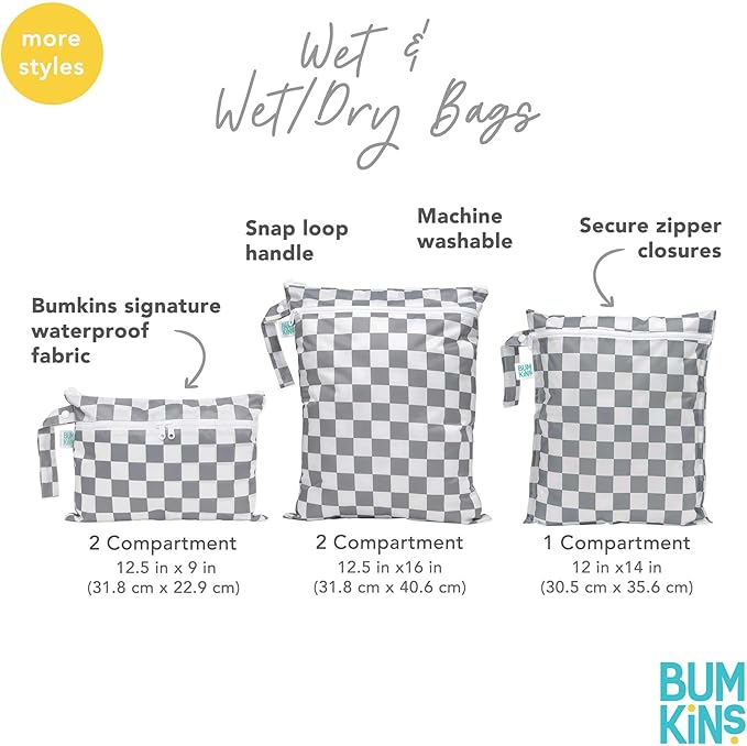 Bumkins - Larger Waterproof Wet Bag - For Baby, Travel, Swim Suit, Cloth Diapers, Pump Parts, Pool, Gym, Toiletry, Strap to Stroller - Reusable & Easy to Clean - 2pk - Gray & Mint Check