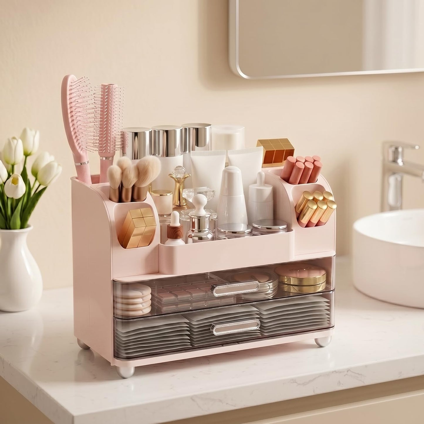 Brothersbox Makeup Organizer for Vanity with 2 Large Drawers and 6 Brush Holders, Large Bathroom Countertop Cosmetic Storage for Skincare, Lipstick, Nail Polish, Perfume, Gift for Women, Pink